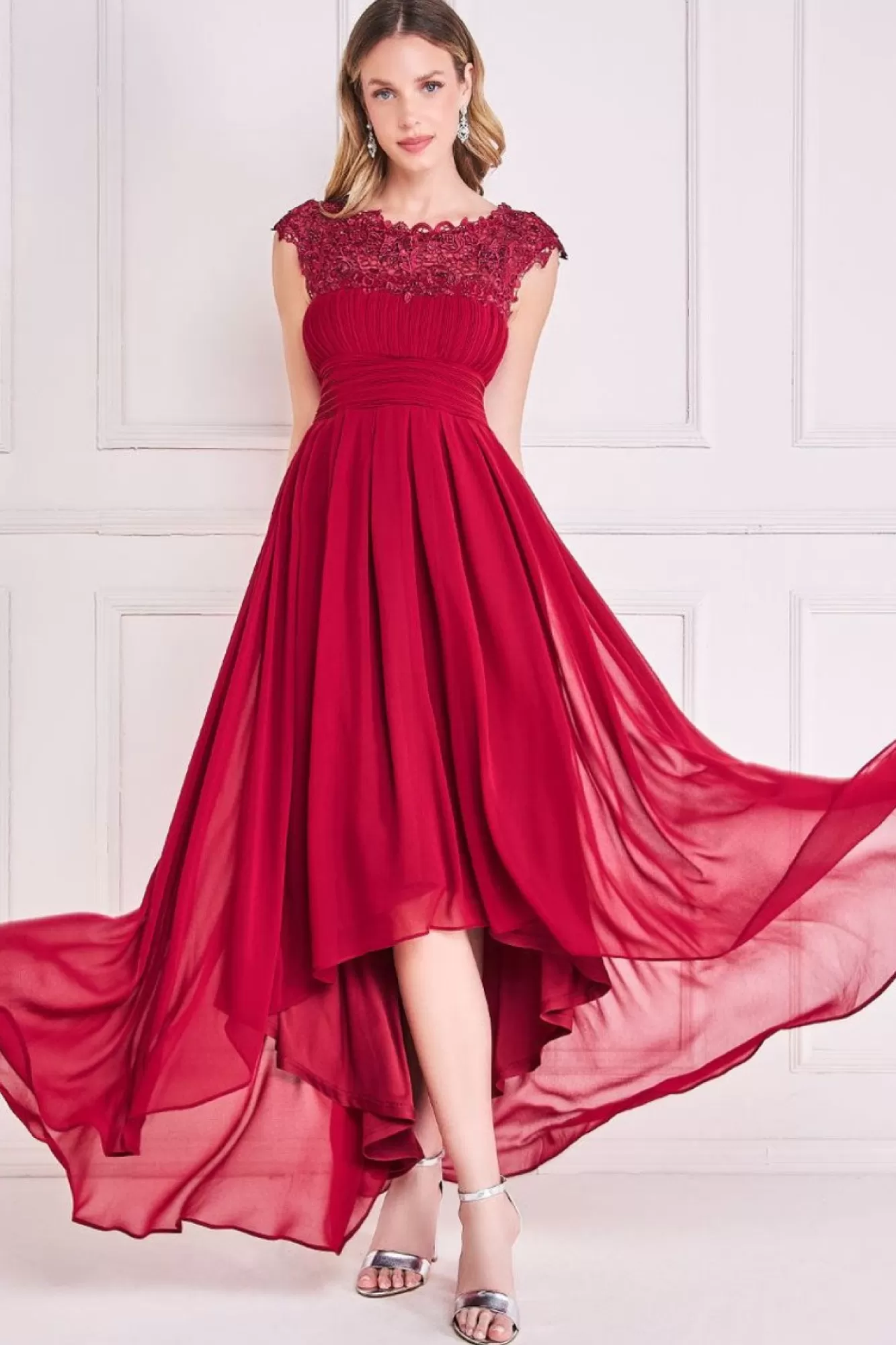 Maxi Dresses^* Crochet & Pleated Top High Low Maxi Burgundy
