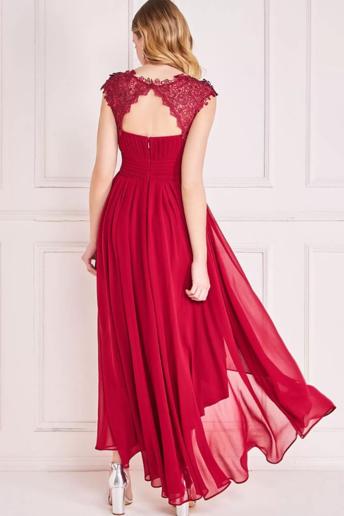 Maxi Dresses^* Crochet & Pleated Top High Low Maxi Burgundy