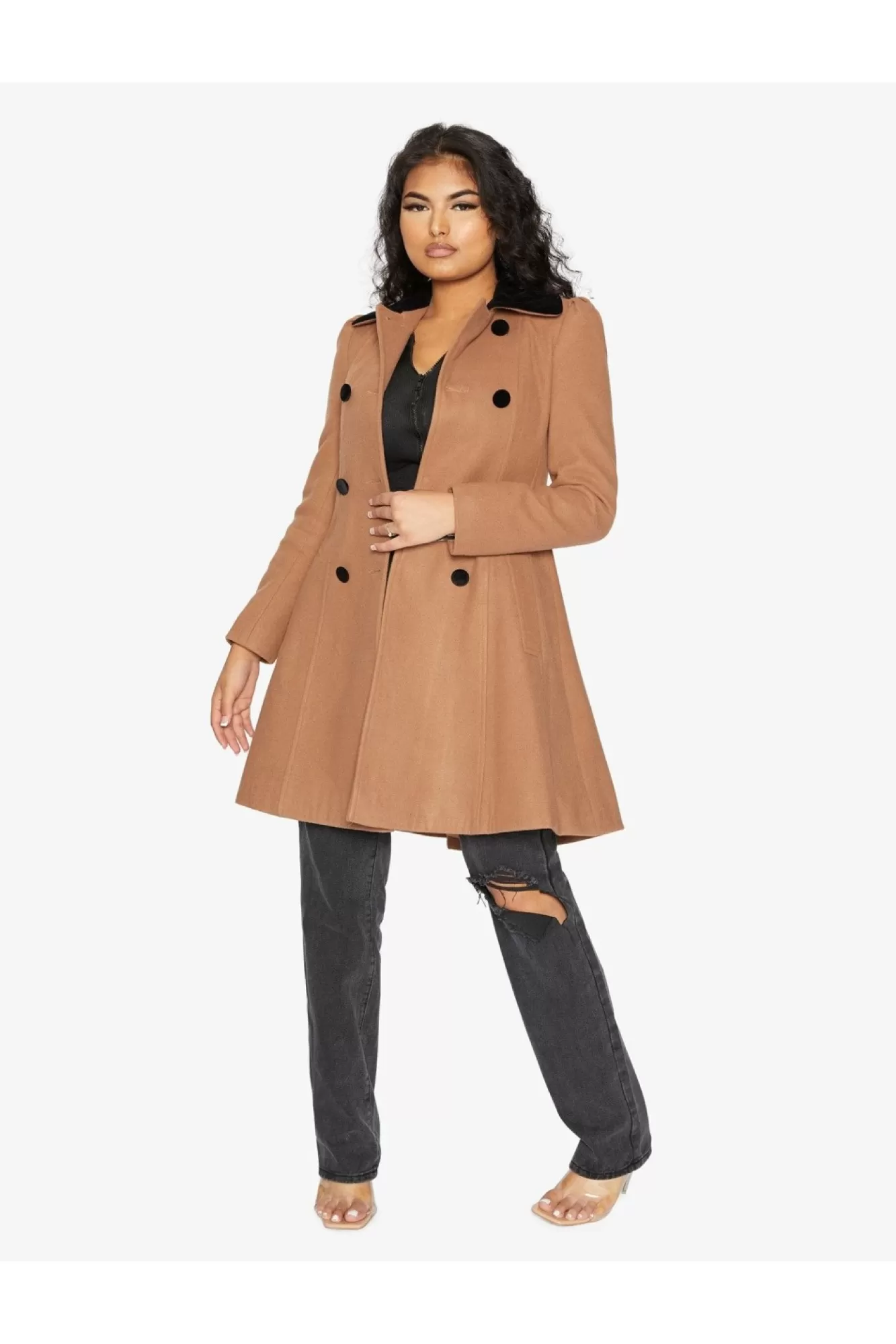 Outerwear^De La Creme Fashions Double Breast Velvet Trim Skater Coat