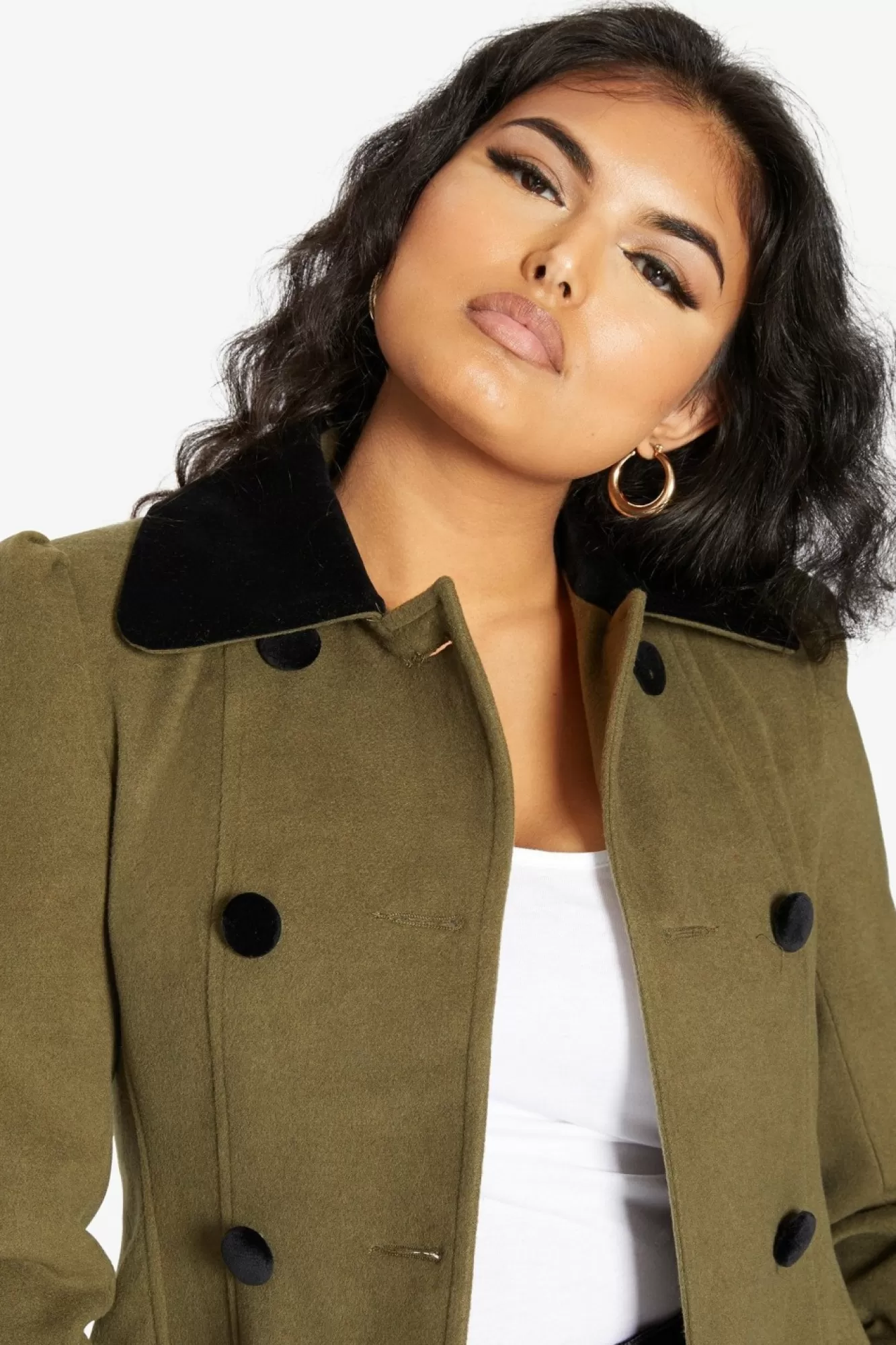 Outerwear^De La Creme Fashions Double Breast Velvet Trim Skater Coat