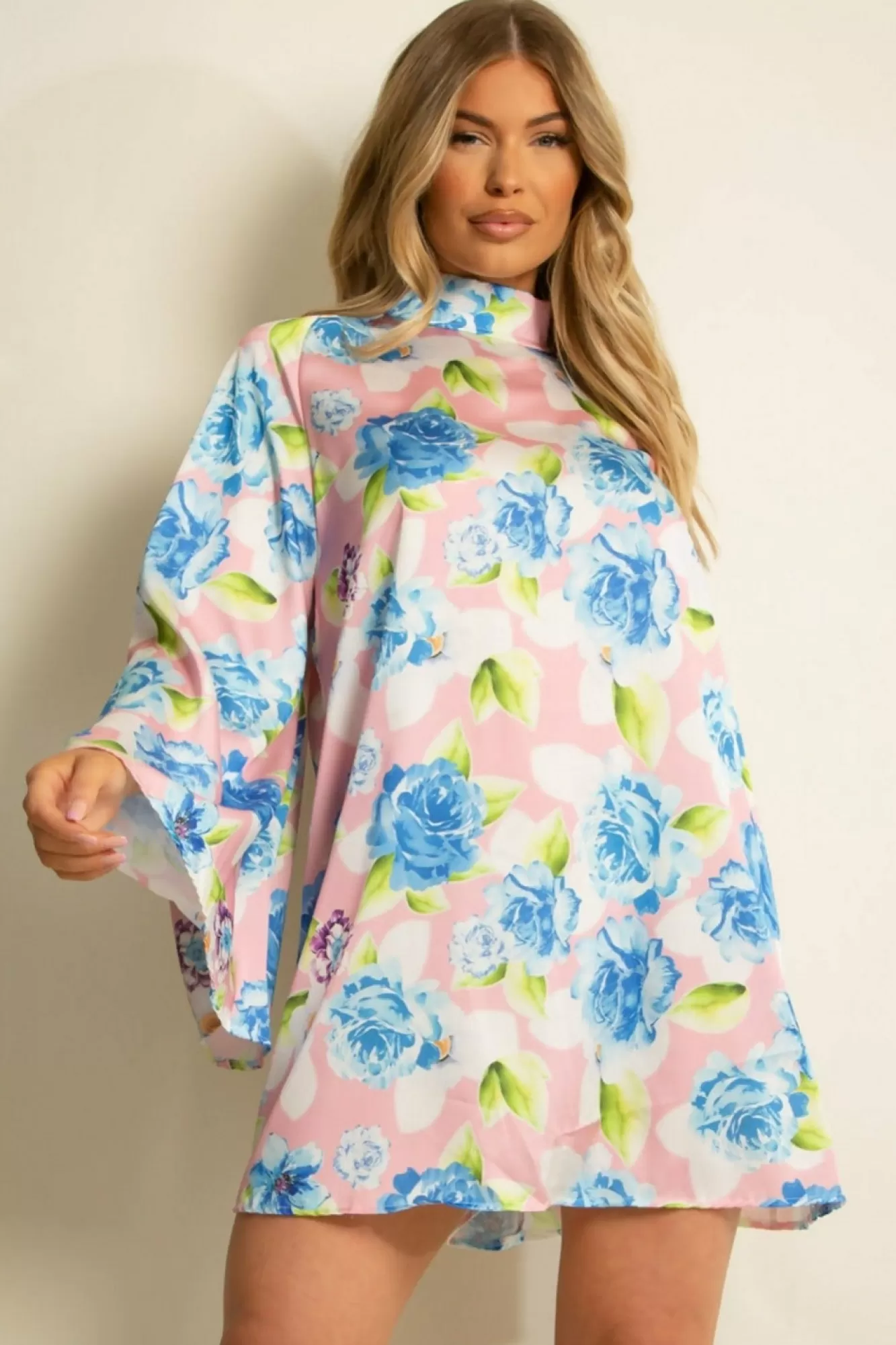 Mini Dresses^De La Creme Fashions Floral Satin Open Back Skater Dress Pink