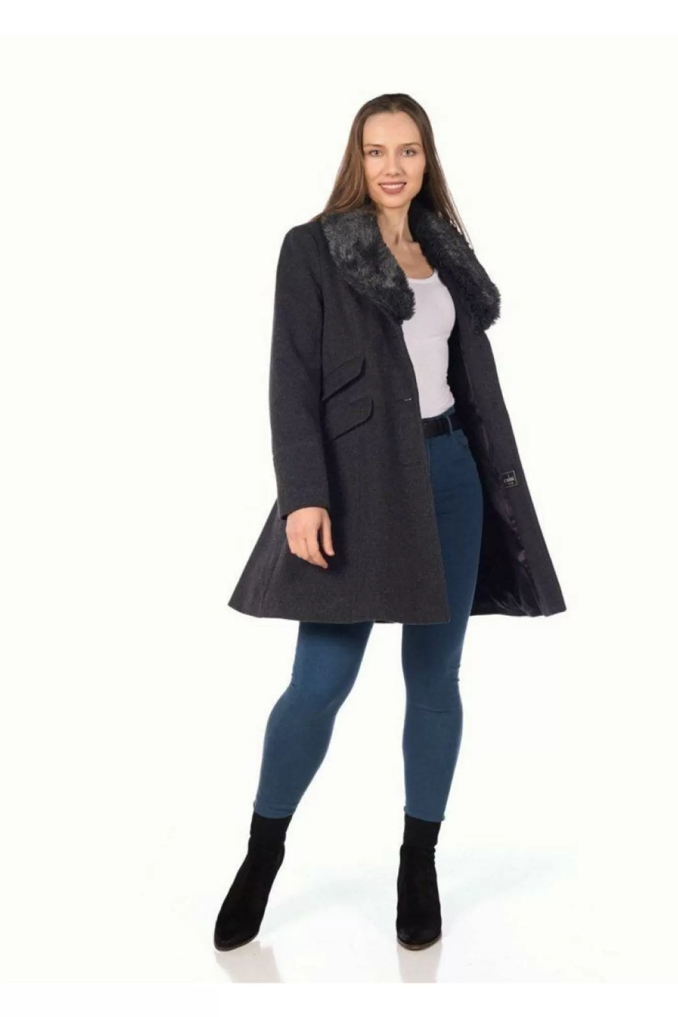 Outerwear^De La Creme Fashions Wool Blend Faux Fur Collar Midi Coat