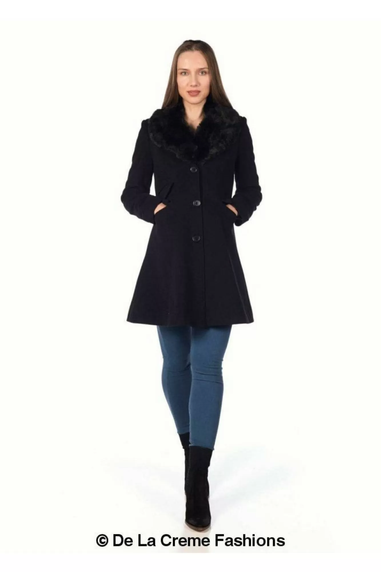 Outerwear^De La Creme Fashions Wool Blend Faux Fur Collar Midi Coat