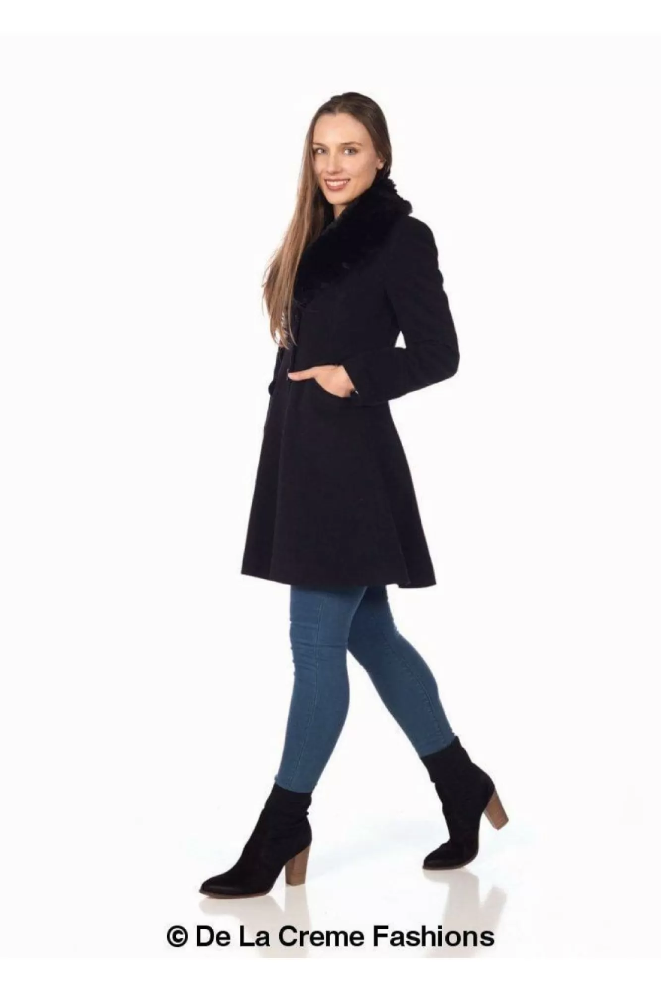 Outerwear^De La Creme Fashions Wool Blend Faux Fur Collar Midi Coat
