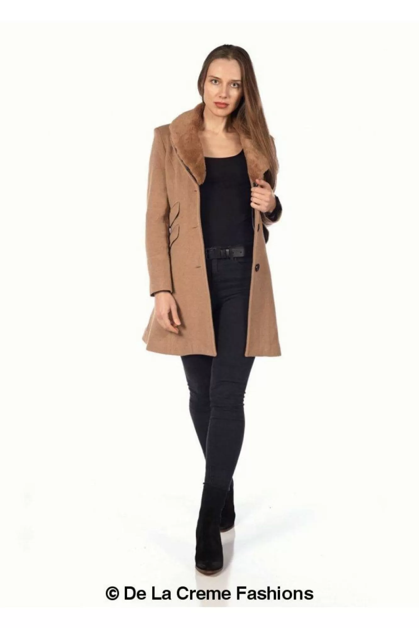 Outerwear^De La Creme Fashions Wool Blend Faux Fur Collar Midi Coat