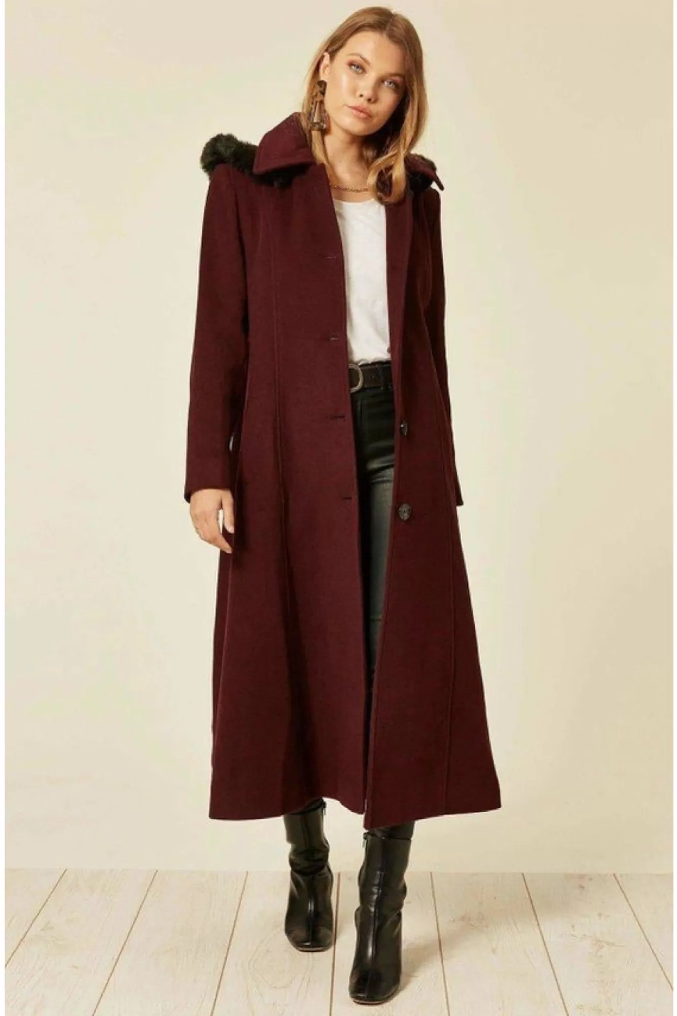 Outerwear^De La Creme Fashions Wool Blend Faux Fur Trim Hood Long Coat