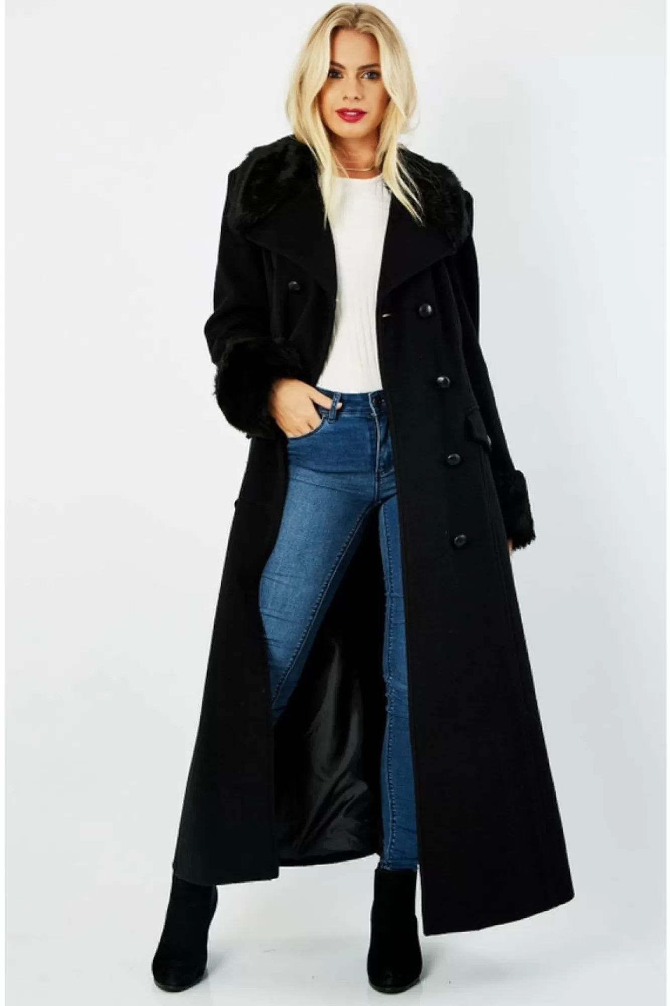 Outerwear^De La Creme Fashions Wool Blend Faux Fur Trim Maxi Coat