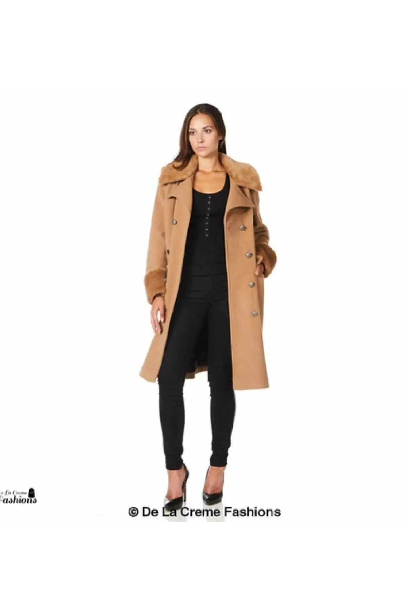 Outerwear^De La Creme Fashions Wool Blend Faux Fur Trim Midi Coat