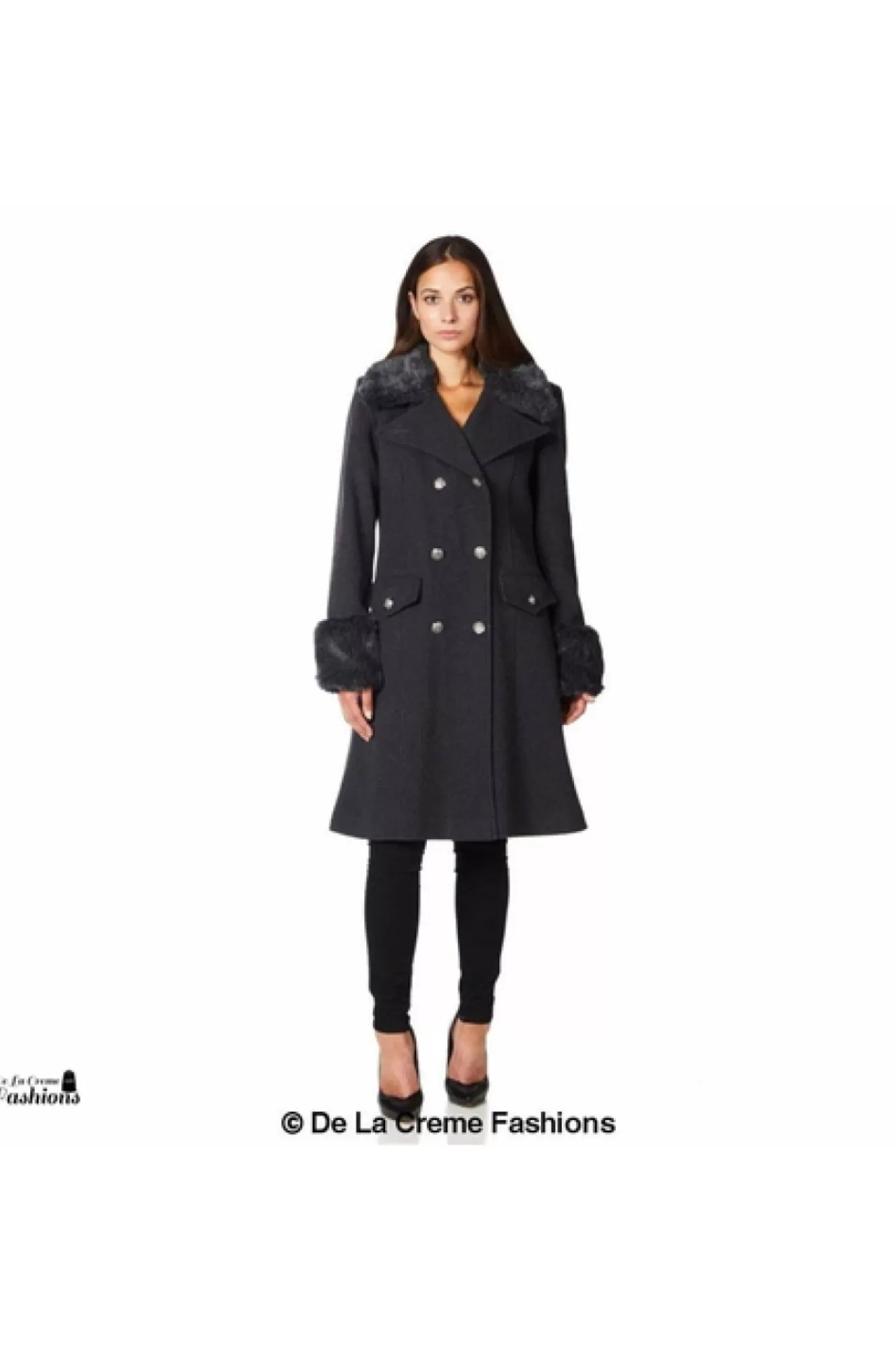 Outerwear^De La Creme Fashions Wool Blend Faux Fur Trim Midi Coat