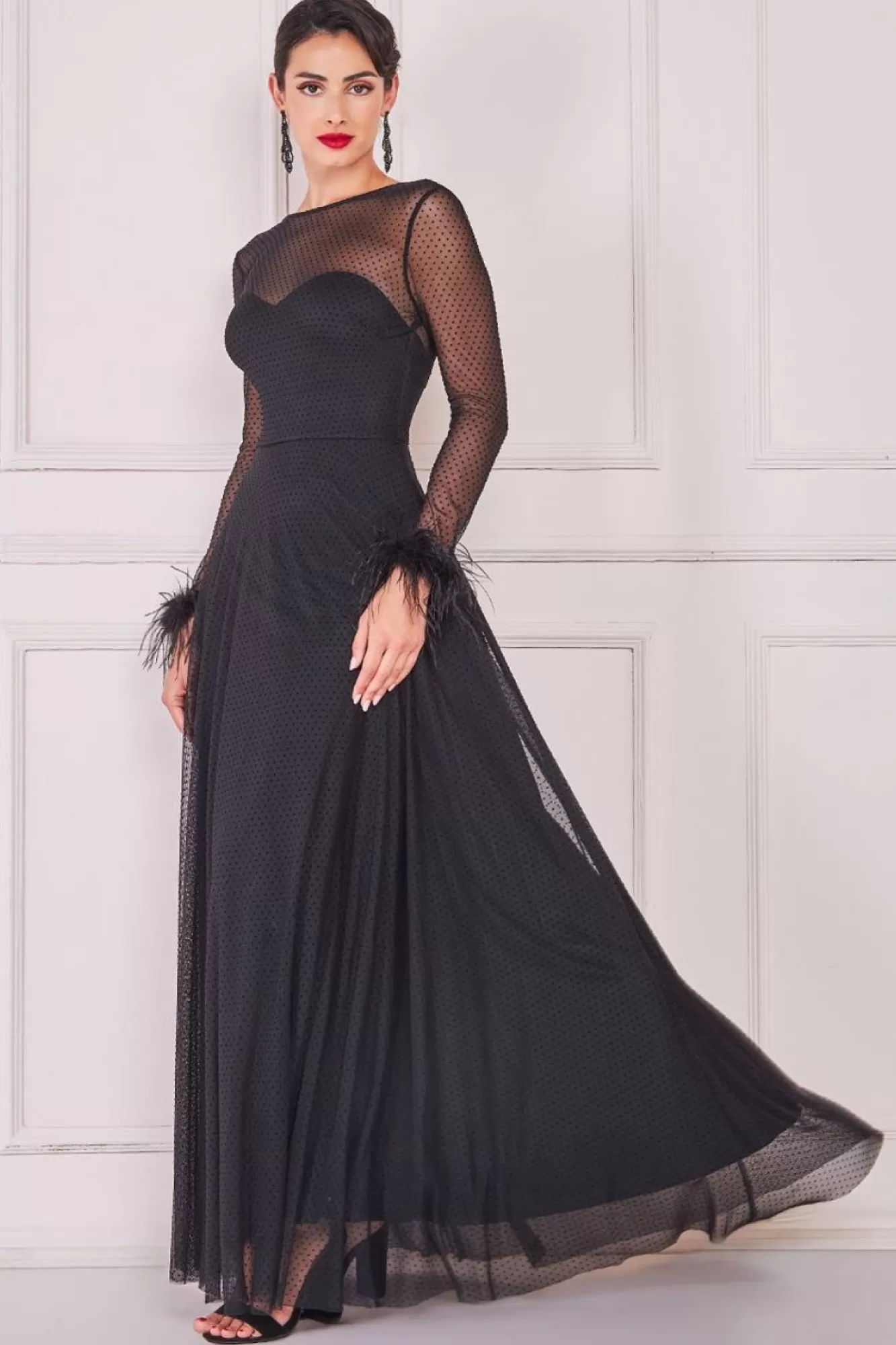 Maxi Dresses^* Dobby Mesh Feather Sleeve Hem Maxi Black