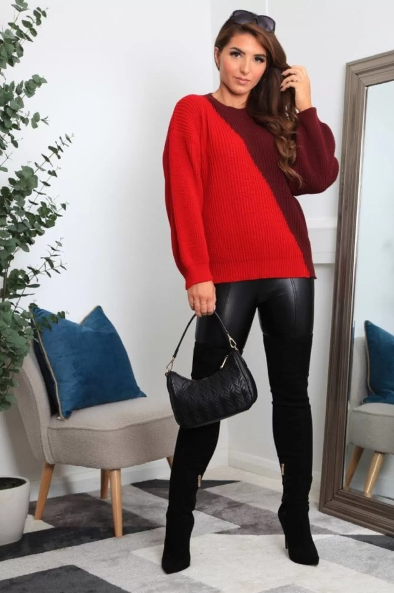 Knitwear^Double Second And Burgundy Diagonal Contrast Colour Block Oversized Knit Jumper Red