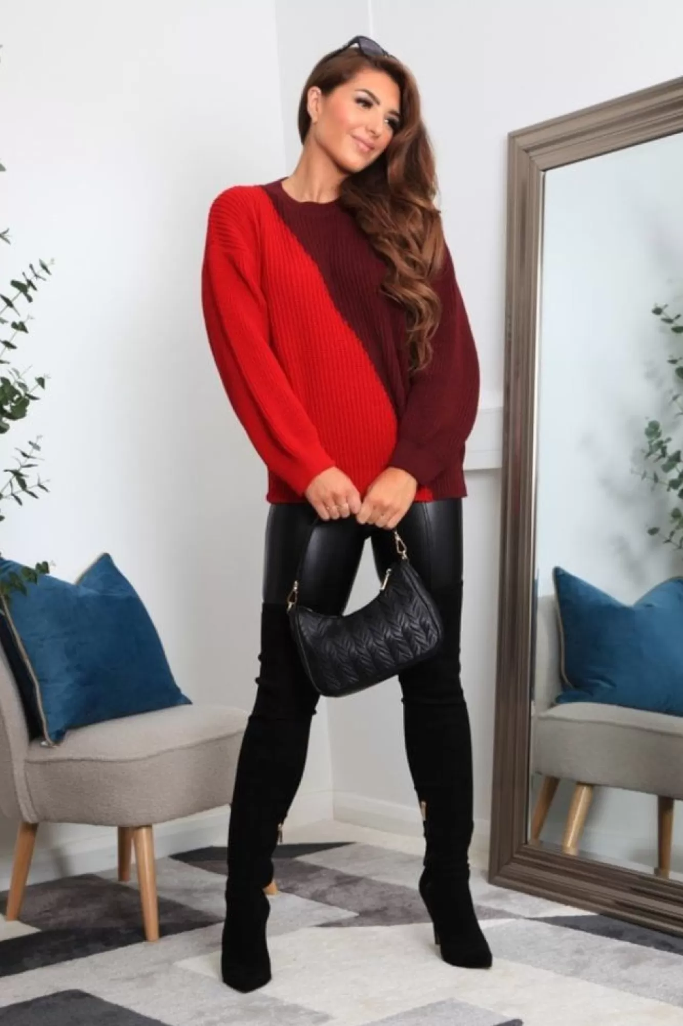Knitwear^Double Second And Burgundy Diagonal Contrast Colour Block Oversized Knit Jumper Red