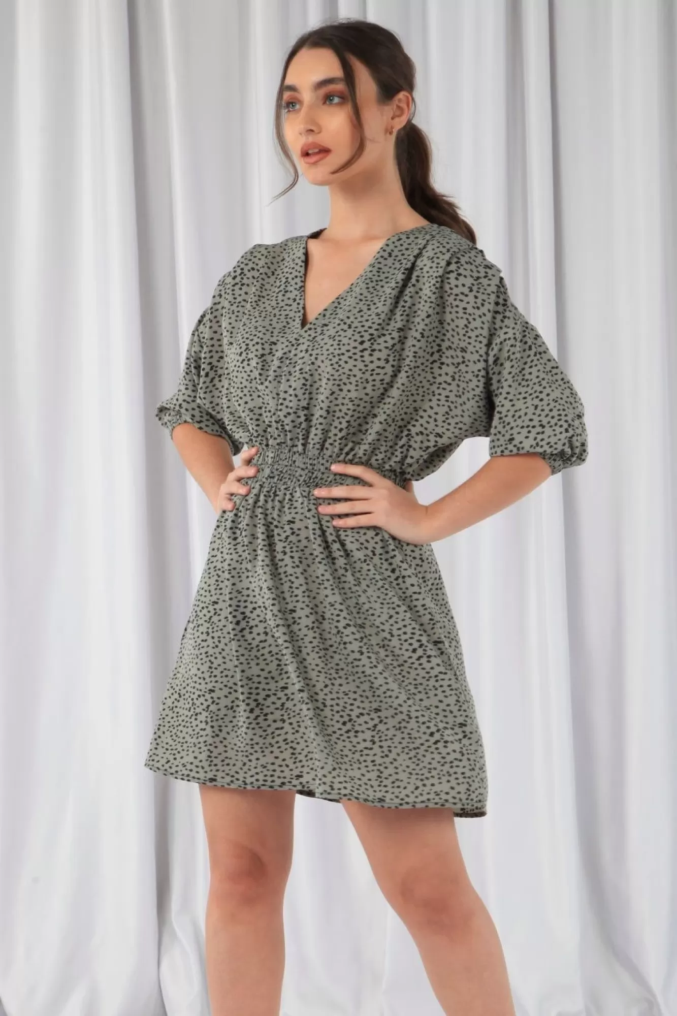 Mini Dresses^Double Second Animal Print Relaxed Shoulder Dress Sage