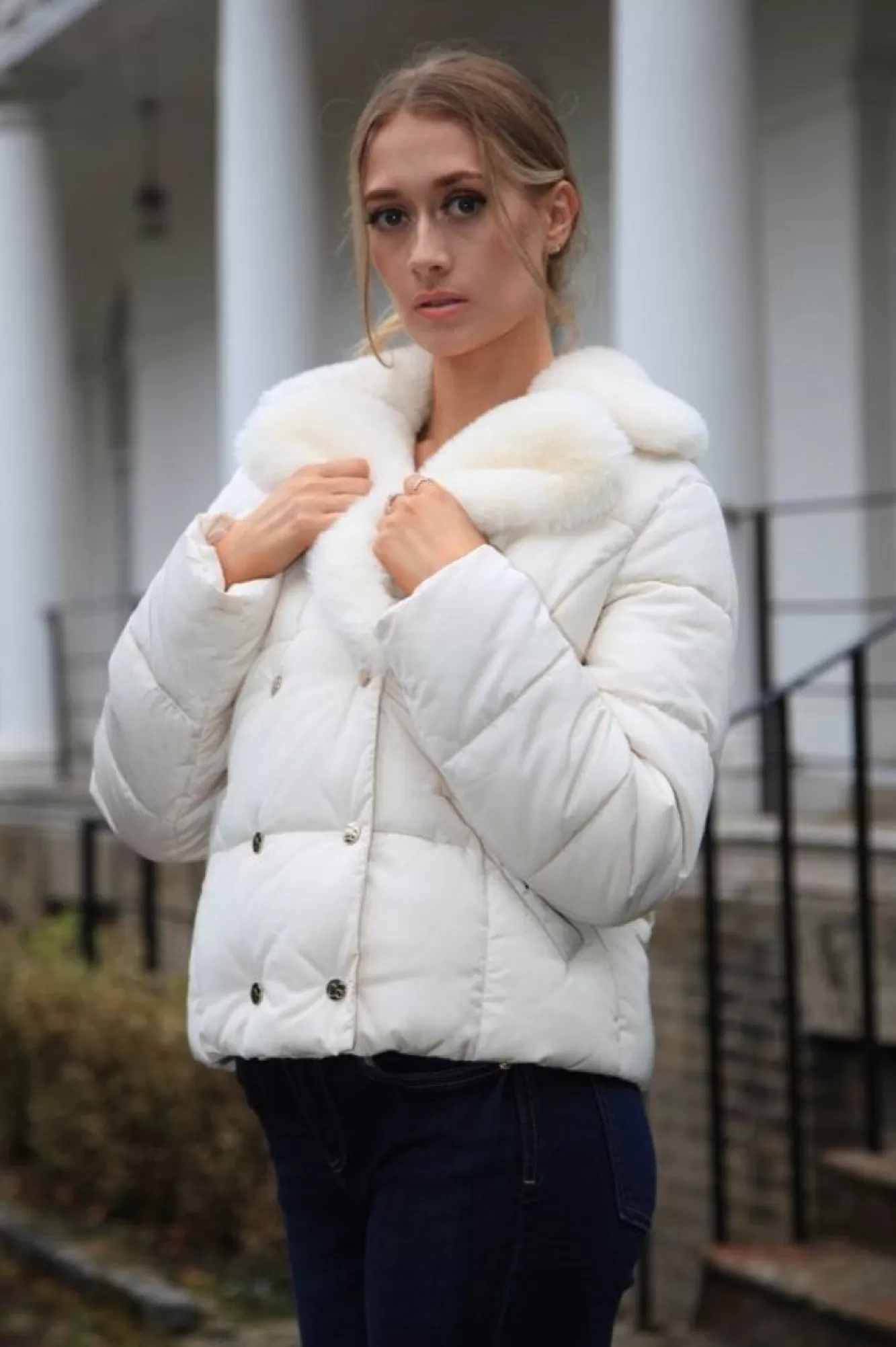 Outerwear^Double Second Ecru Lux Fur Collar Puffer Coat Beige