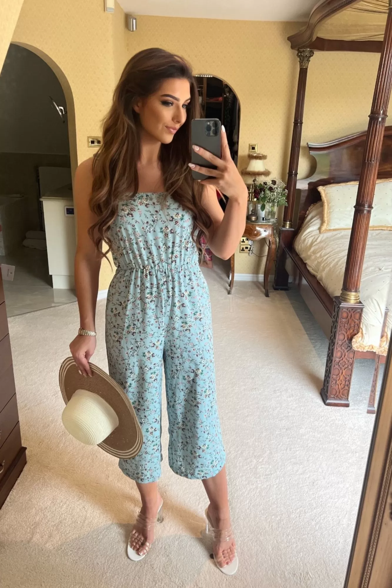 Jumpsuits^Double Second Floral Print Wide Leg Jumpsuit Blue