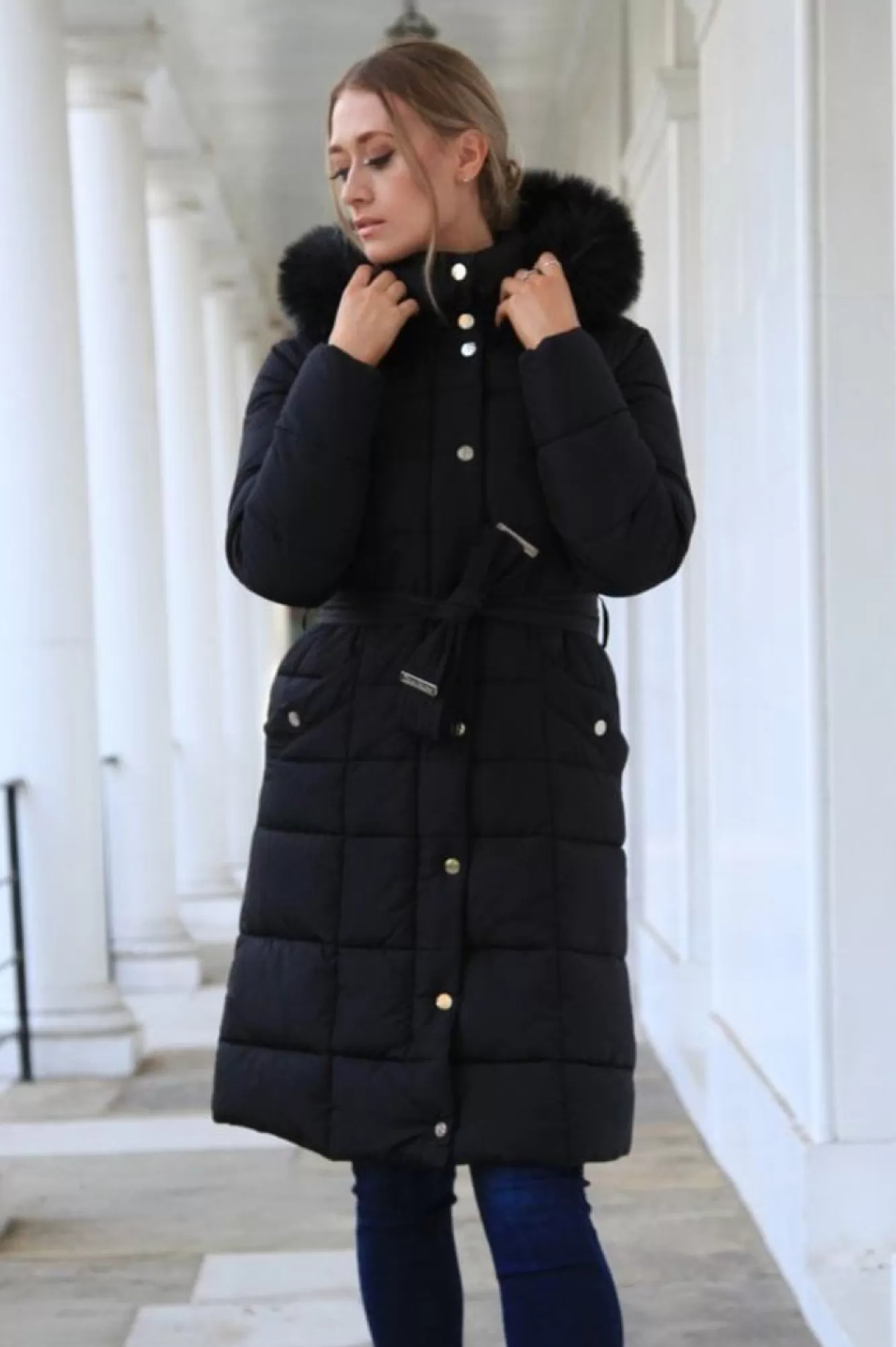 Outerwear^Double Second Glam Belted Long Puffer Coat Black