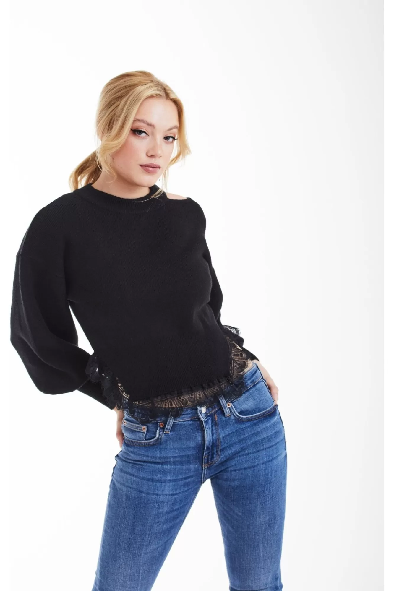 Jumpers^Double Second Knit Jumper With Lace Trim Black