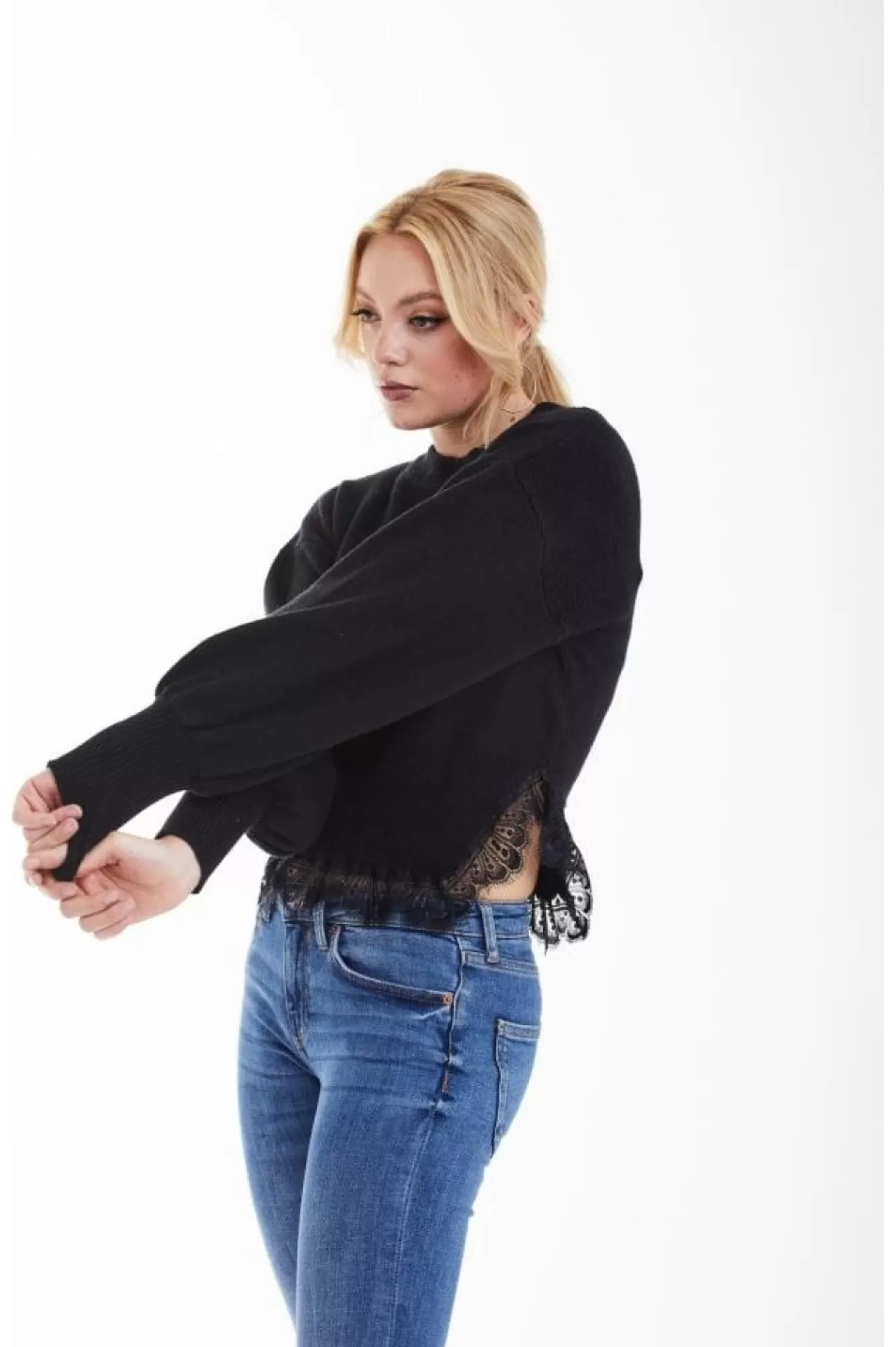 Jumpers^Double Second Knit Jumper With Lace Trim Black