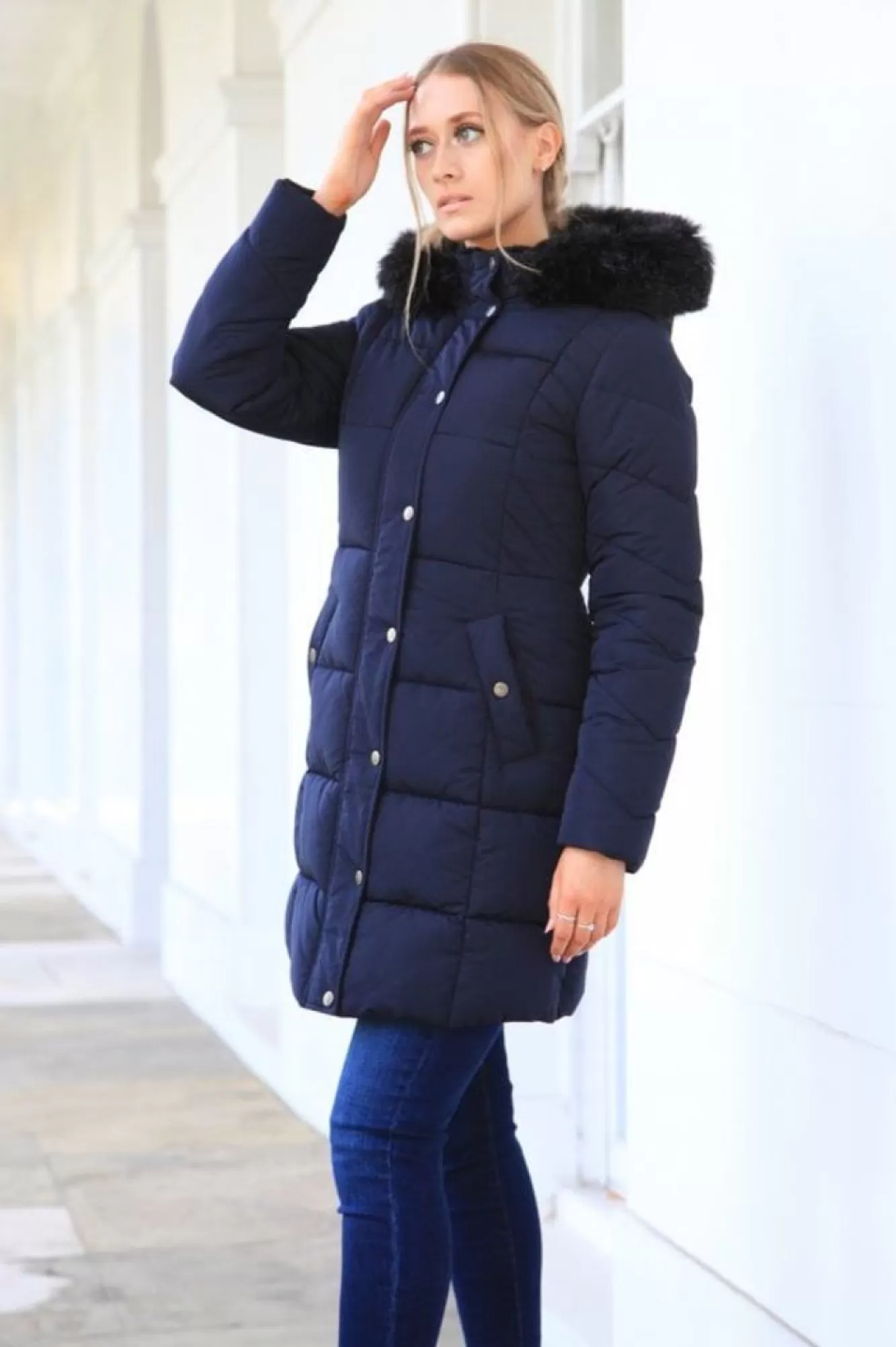 Outerwear^Double Second Long Puffer With Fur Collar Navy