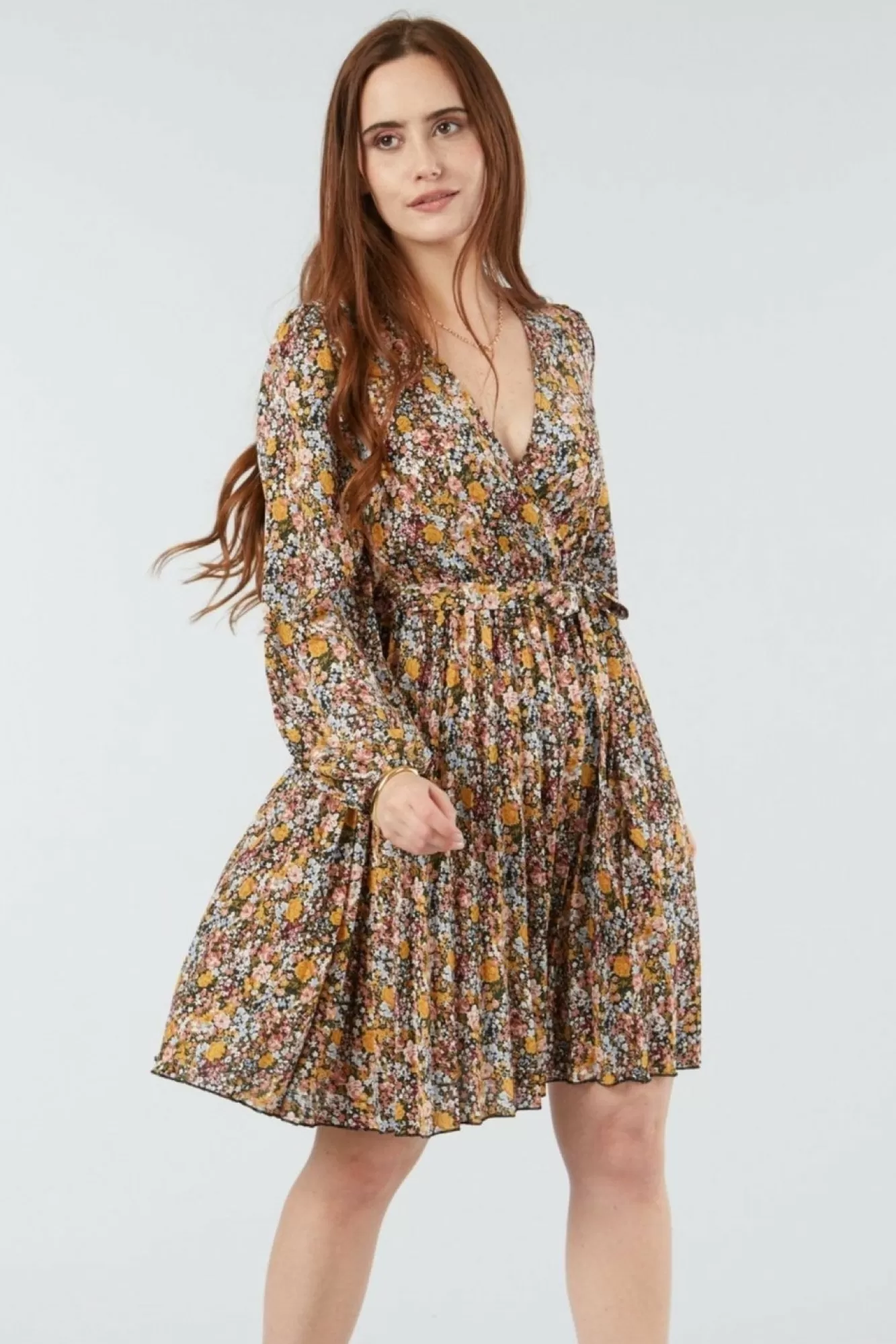 Mini Dresses^Double Second Mix Col Pleated Wrap Dress Multicolor