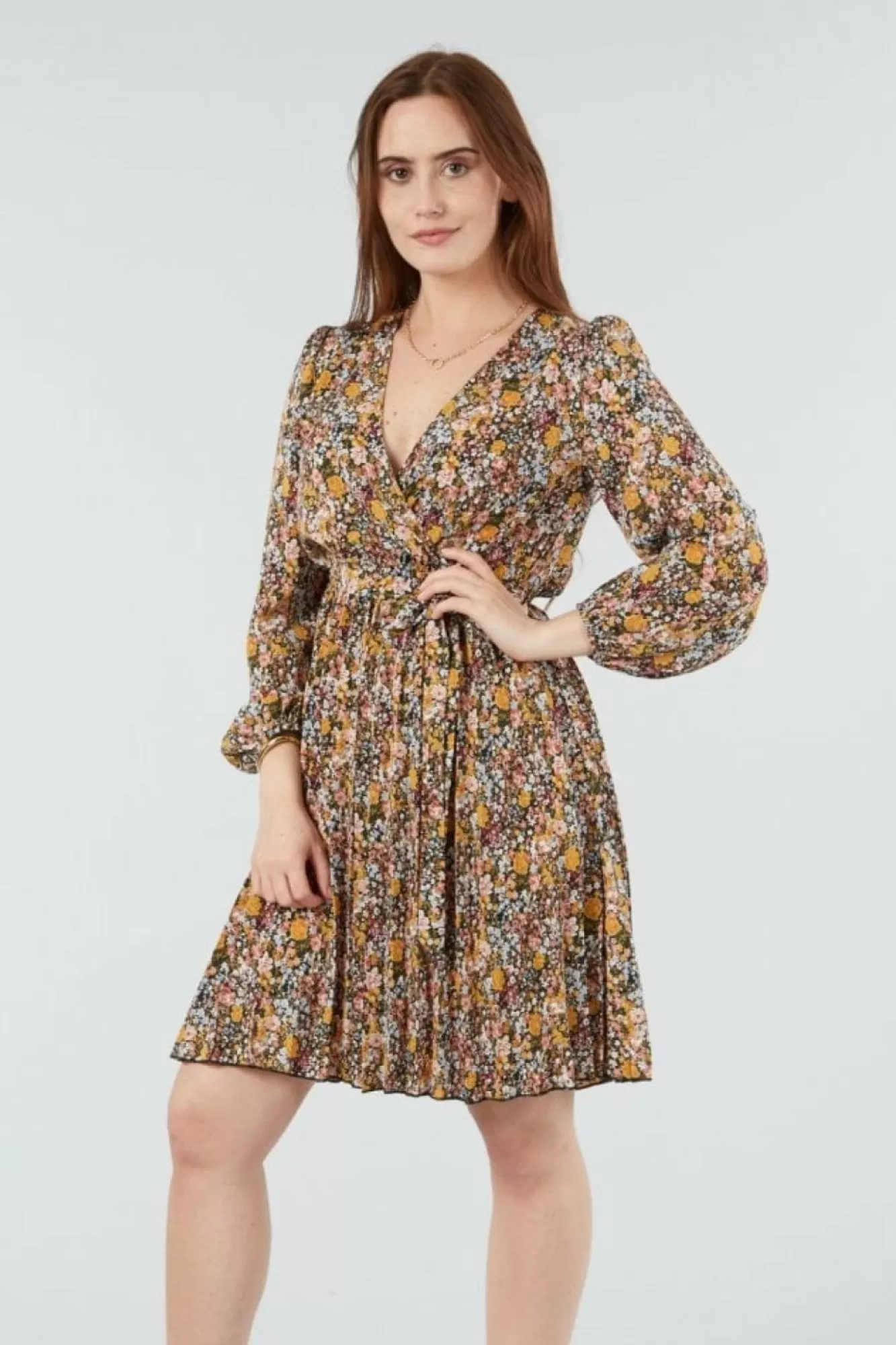 Mini Dresses^Double Second Mix Col Pleated Wrap Dress Multicolor