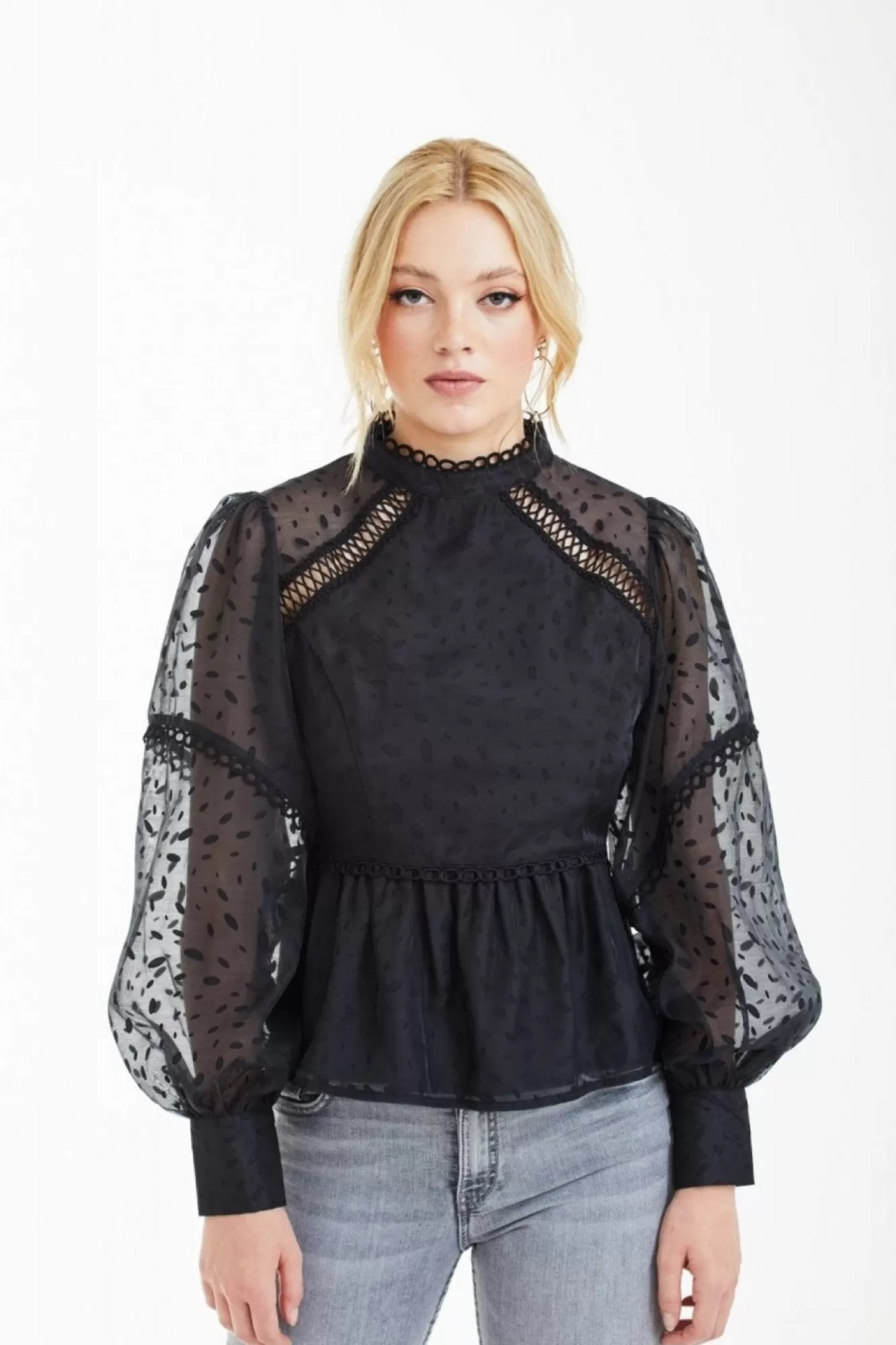 Blouses^Double Second Polka Dot Organza Puff Sleeve Top Black