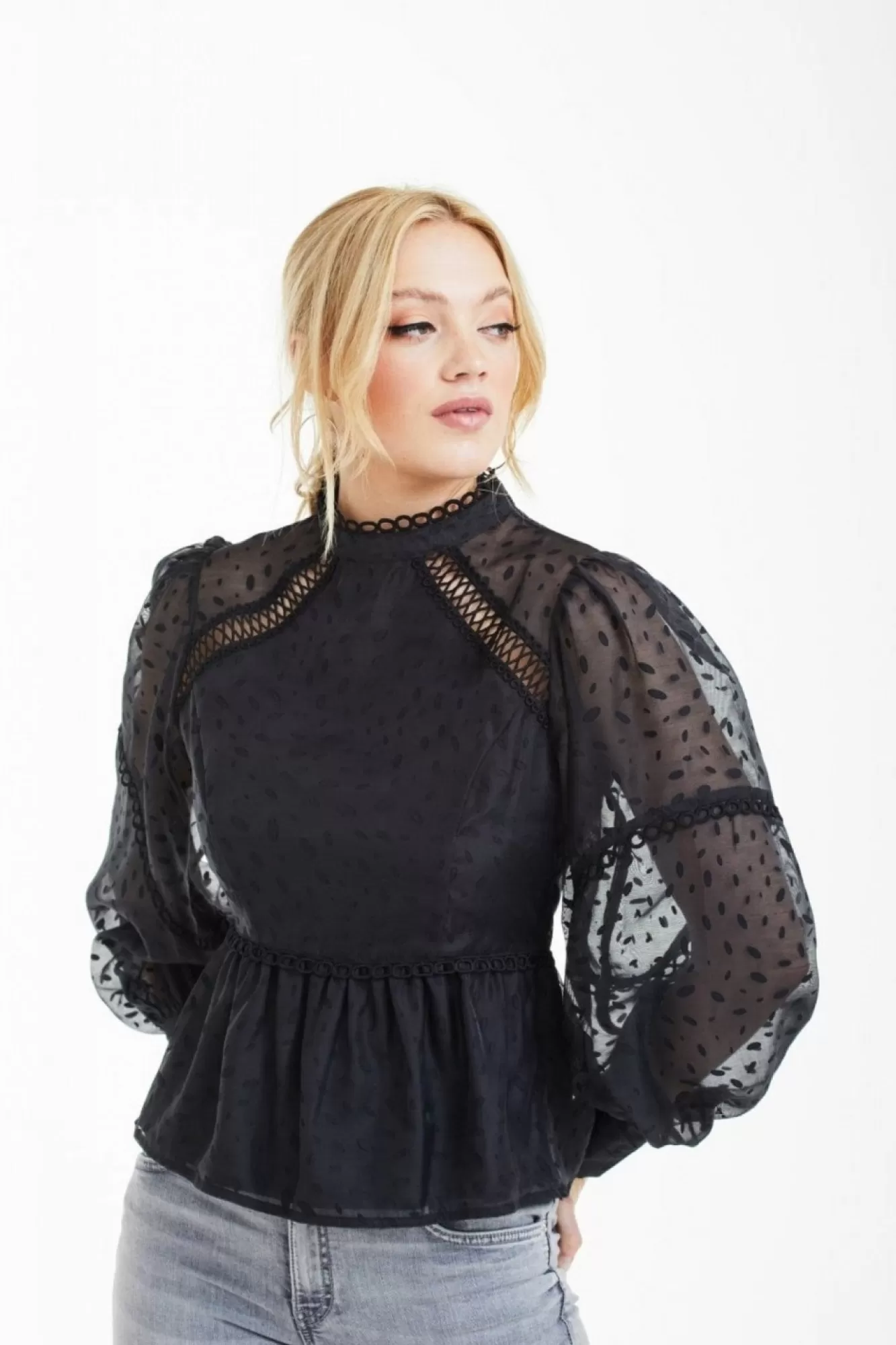 Blouses^Double Second Polka Dot Organza Puff Sleeve Top Black