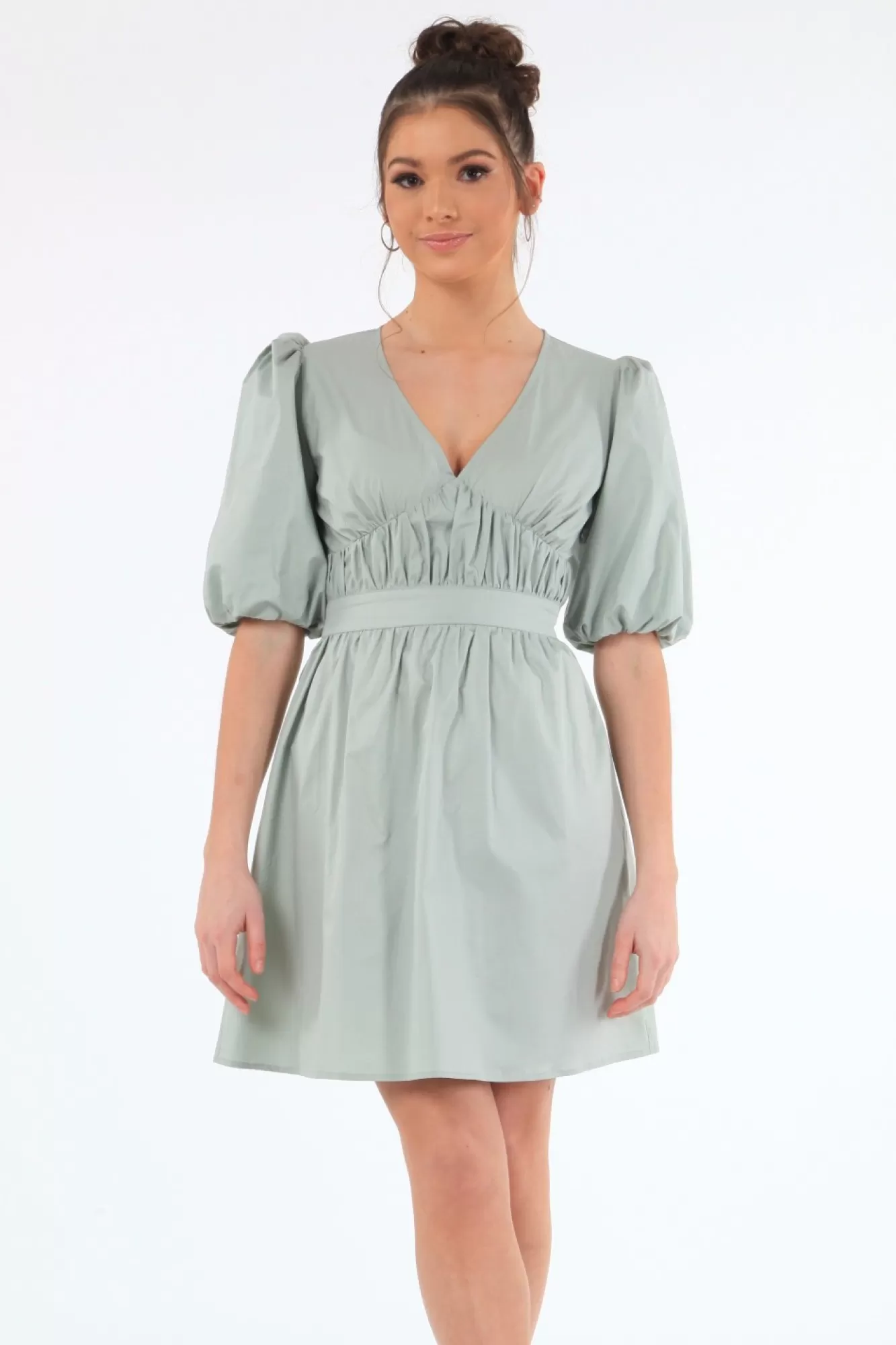 Mini Dresses^Double Second Sage Volume Sleeve Ruched Dress Green