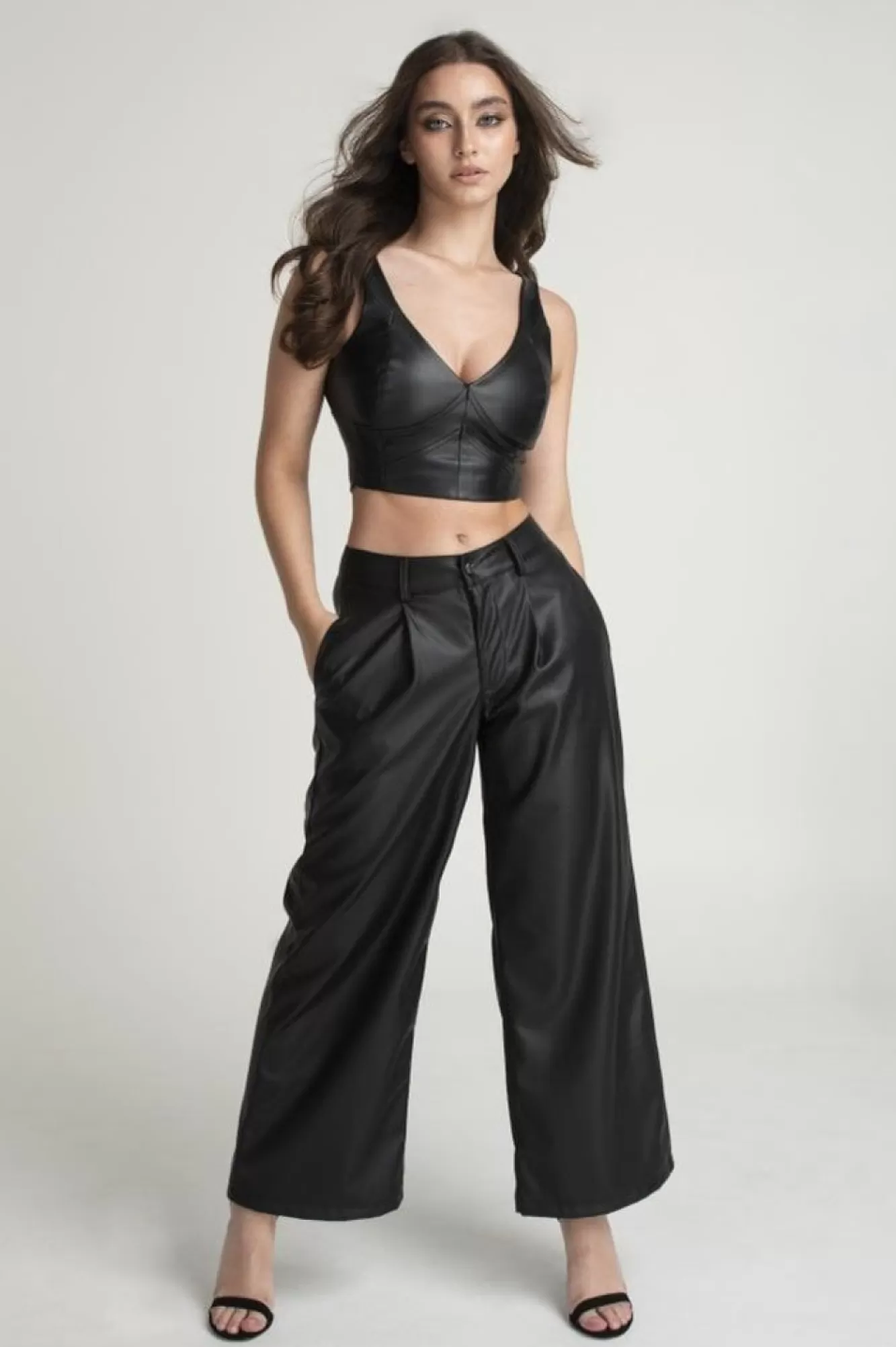 Crop Tops^Double Second Vegan Leather Crop Top Black
