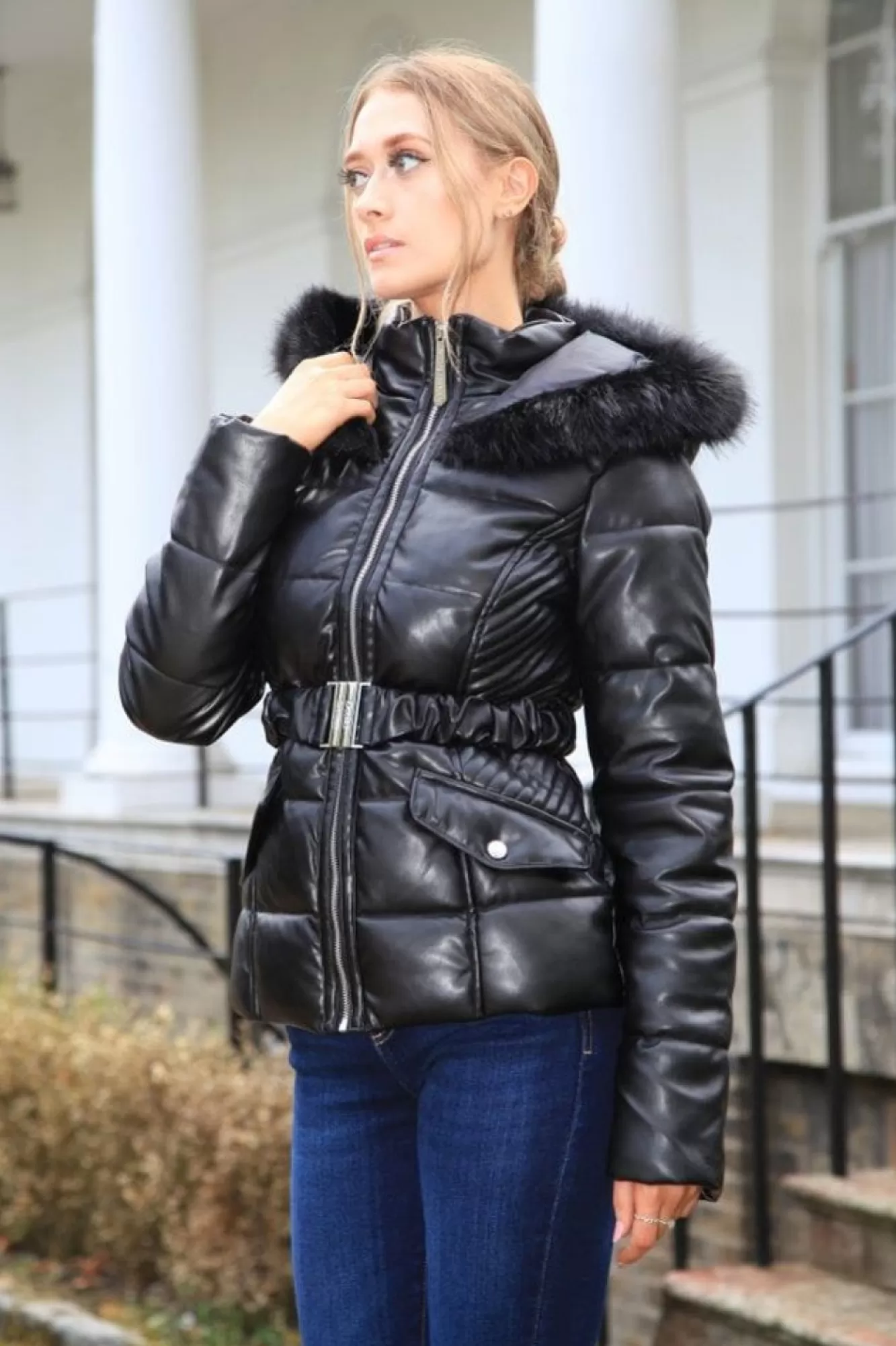 Outerwear^Double Second Vegan Leather Short Puffer Black