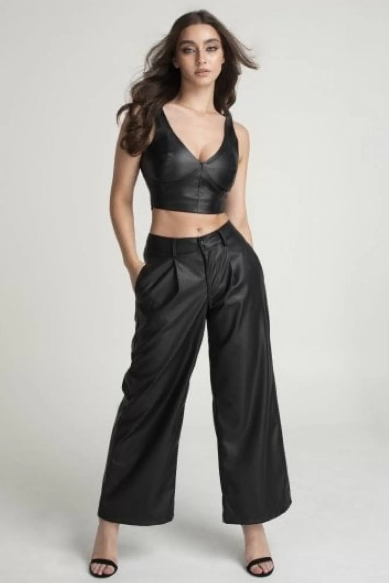 Trousers^Double Second Vegan Leather Wide Leg Trousers Black