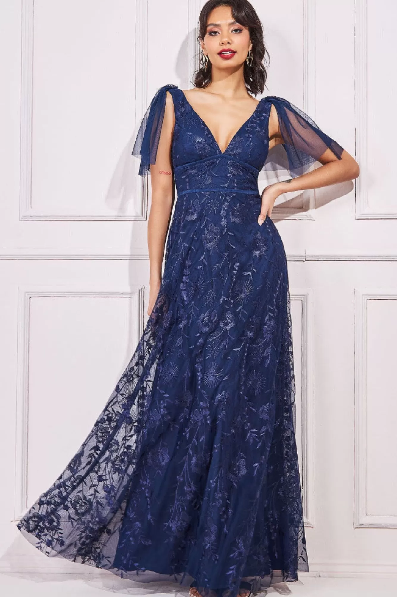 Maxi Dresses^* Embroidered Lace Maxi Flutter Sleeves Navy
