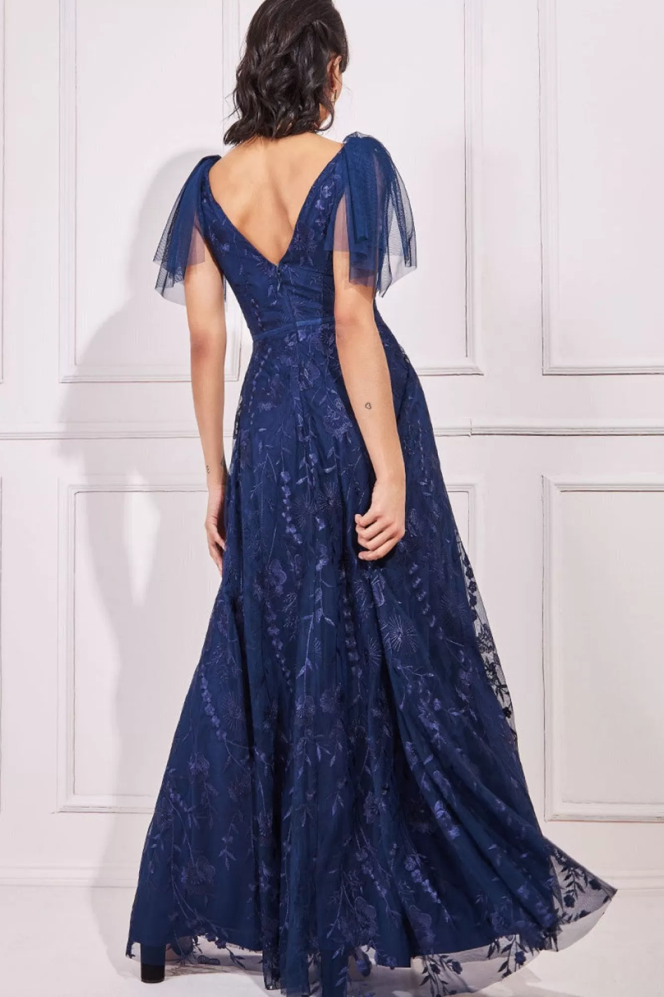 Maxi Dresses^* Embroidered Lace Maxi Flutter Sleeves Navy