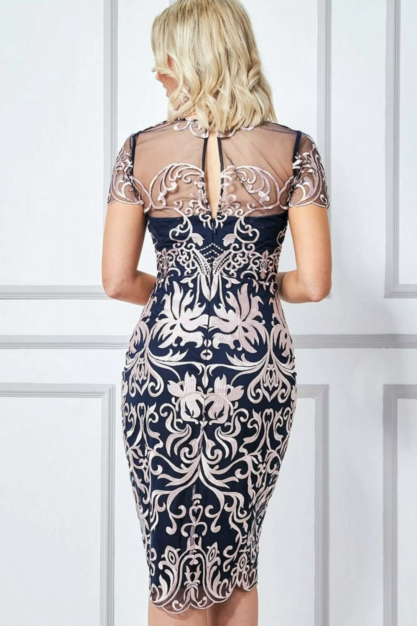 Midi Dresses^* Embroidered Mesh & Lace Midi Scalloped Hem Navy