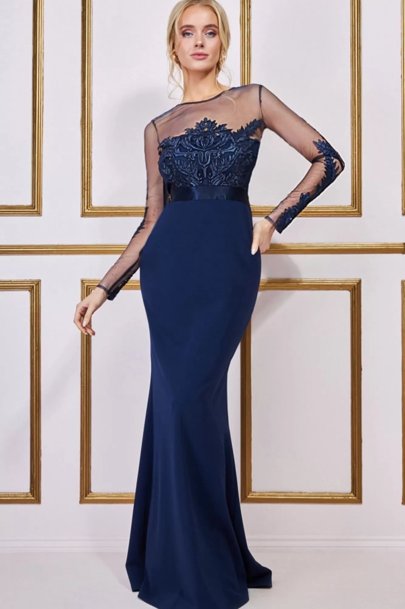 Maxi Dresses^* Embroidered Mesh & Scuba Maxi Navy