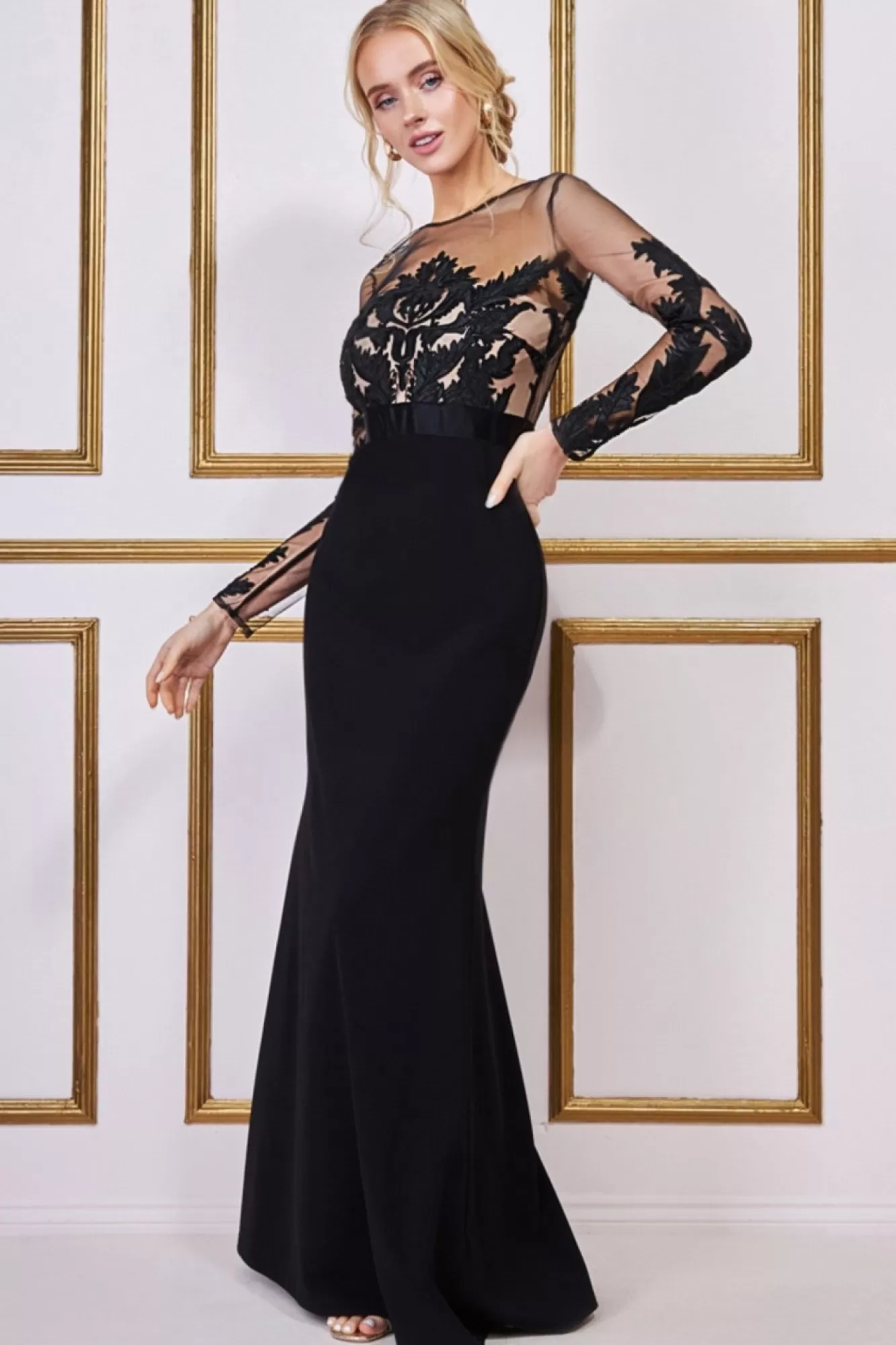 Maxi Dresses^* Embroidered Mesh & Scuba Maxi Black
