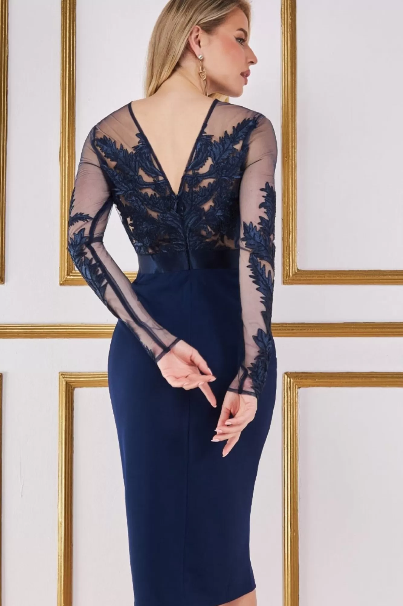 Midi Dresses^* Embroidered Mesh & Scuba Midi Dress Navy
