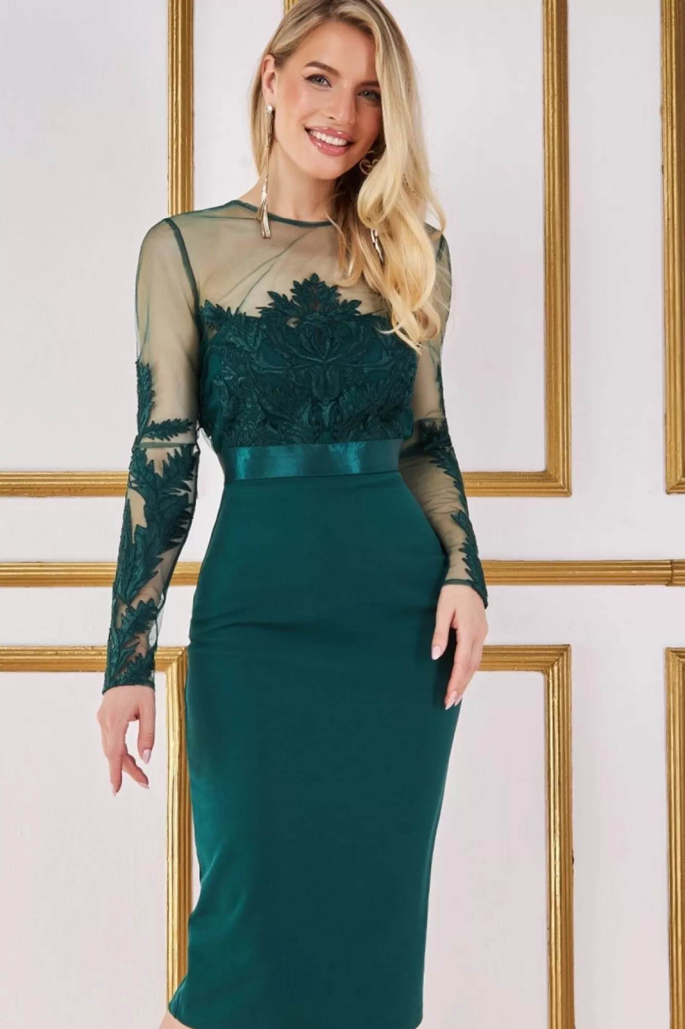 Midi Dresses^* Embroidered Mesh & Scuba Midi Dress Green Emerald