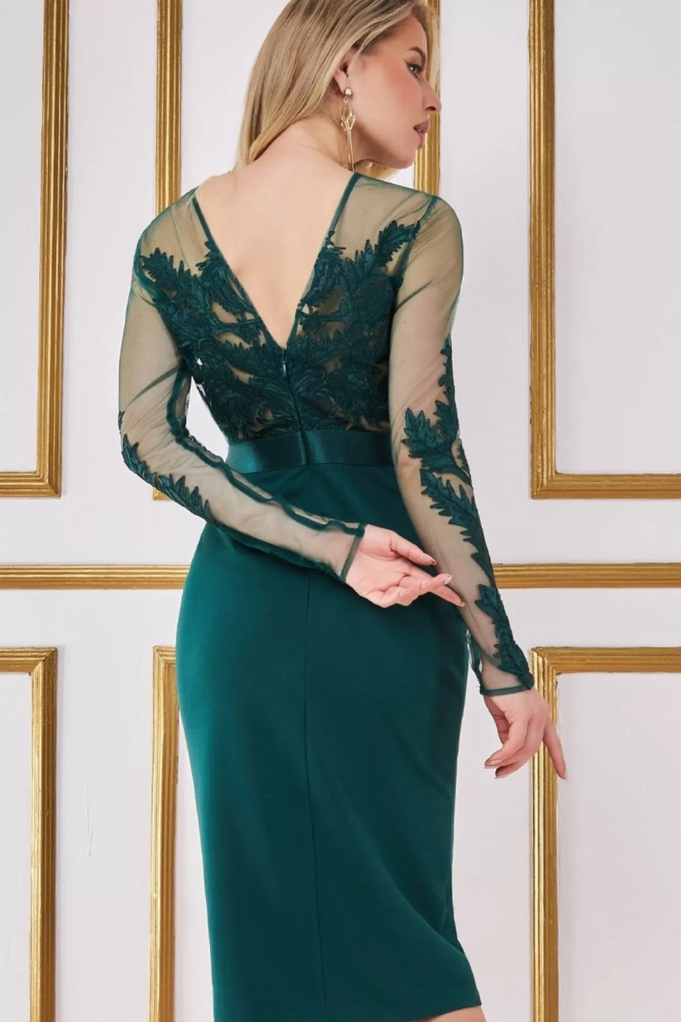 Midi Dresses^* Embroidered Mesh & Scuba Midi Dress Green Emerald
