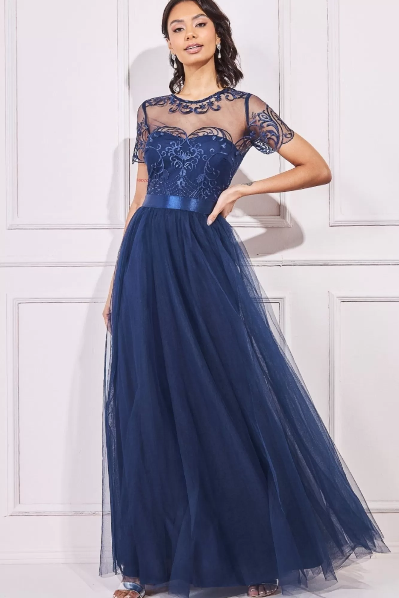 Maxi Dresses^* Embroidered Mesh Maxi Dress Navy