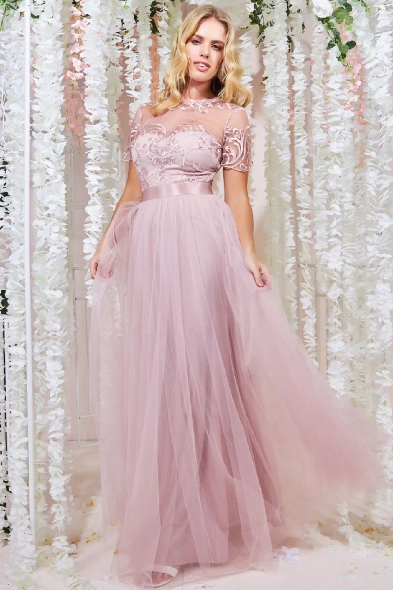 Maxi Dresses^* Embroidered Mesh Maxi Dress Blush