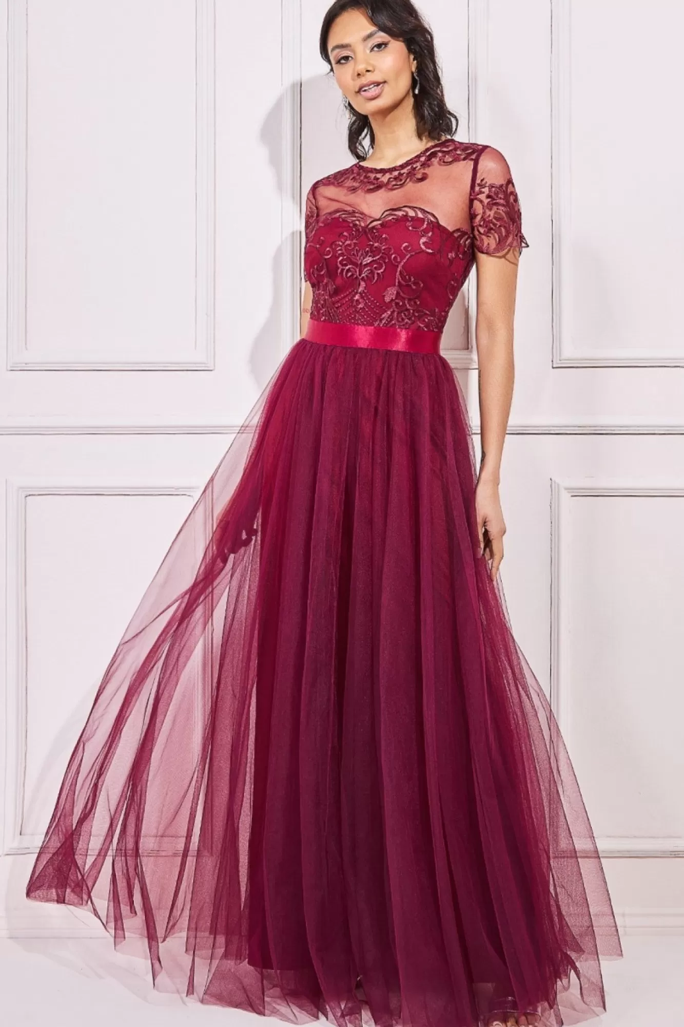 Maxi Dresses^* Embroidered Mesh Maxi Dress Burgundy