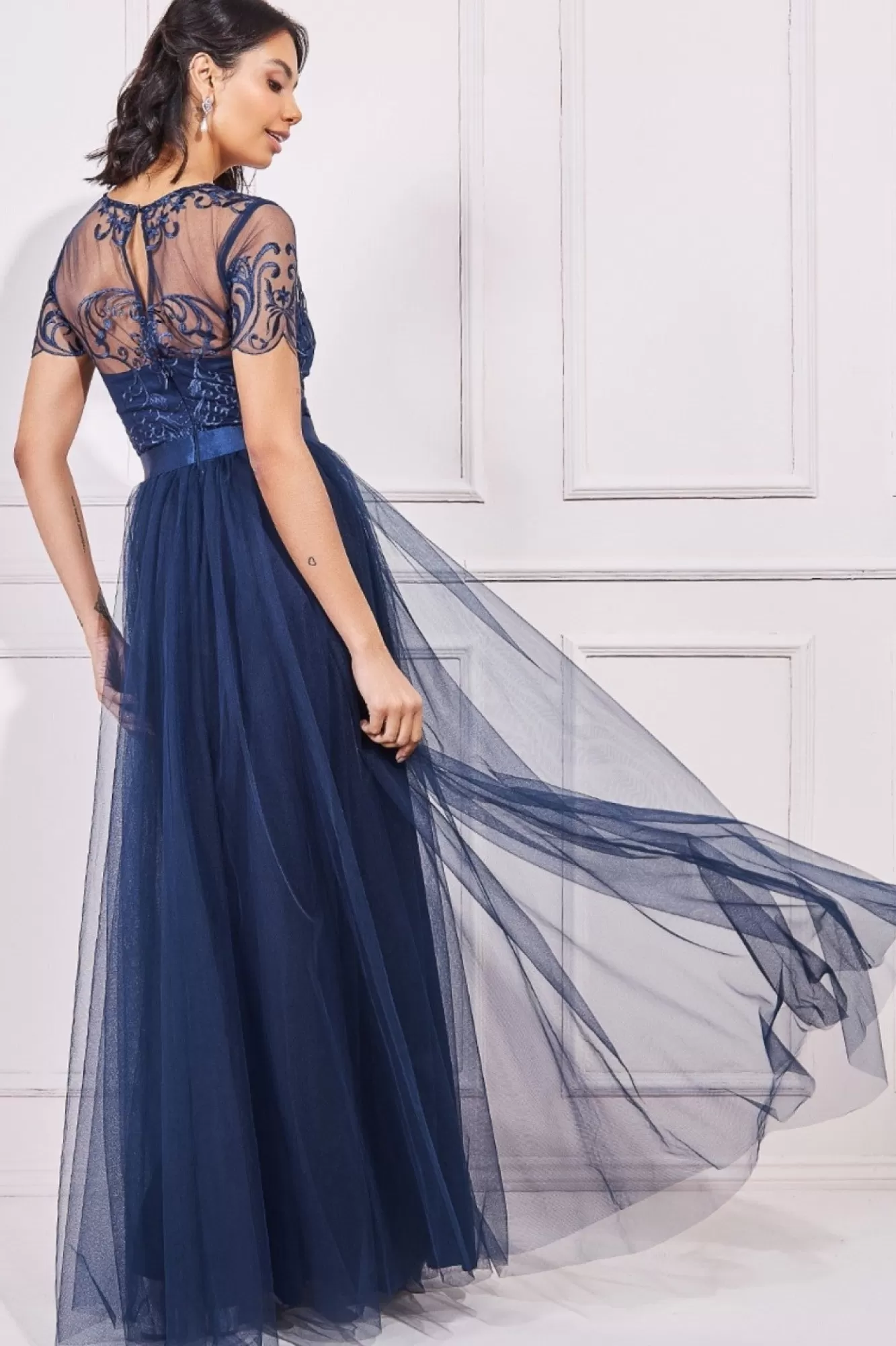 Maxi Dresses^* Embroidered Mesh Maxi Dress Navy