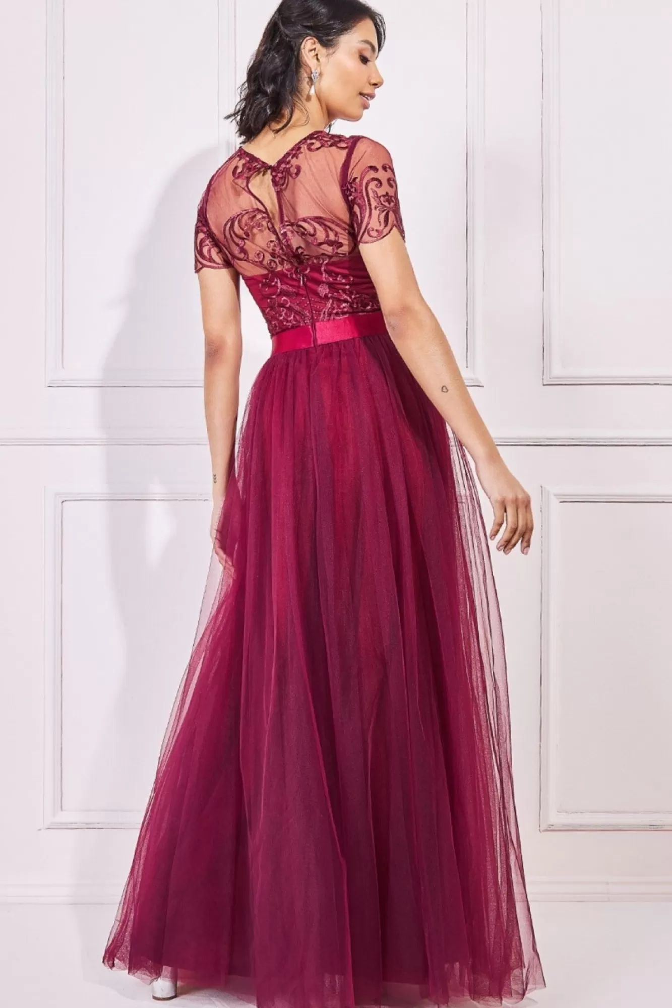 Maxi Dresses^* Embroidered Mesh Maxi Dress Burgundy