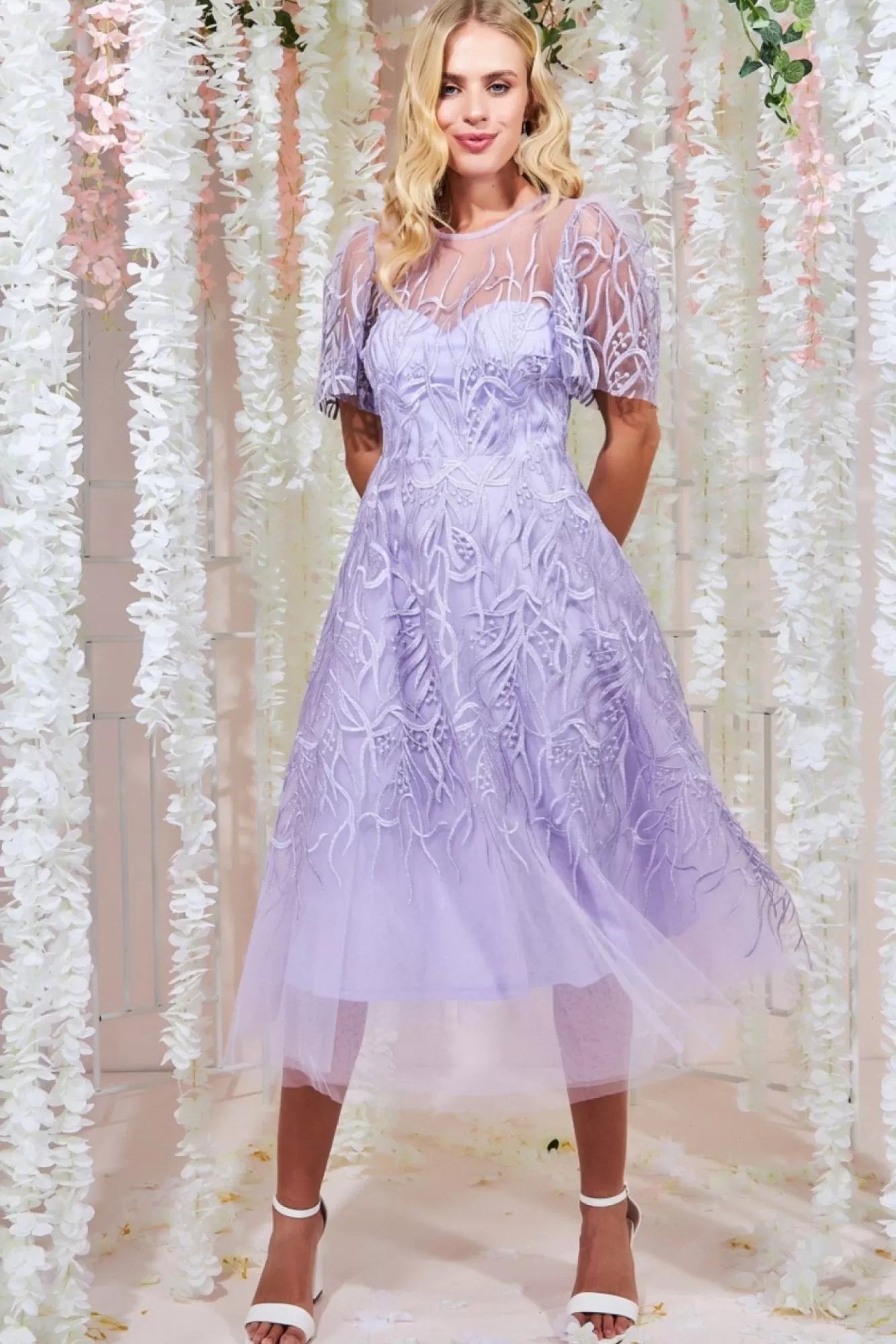 Midi Dresses^* Embroidered Mesh Midi Dress Lilac