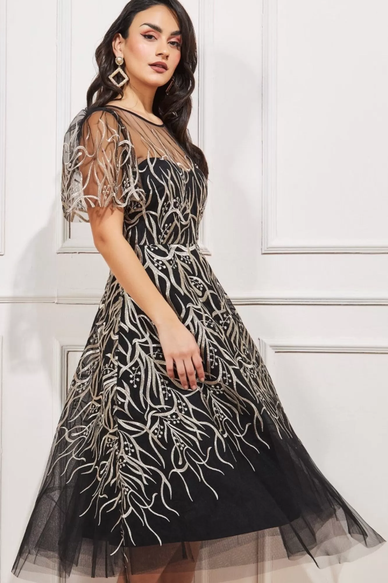 Midi Dresses^* Embroidered Mesh Midi Dress Black