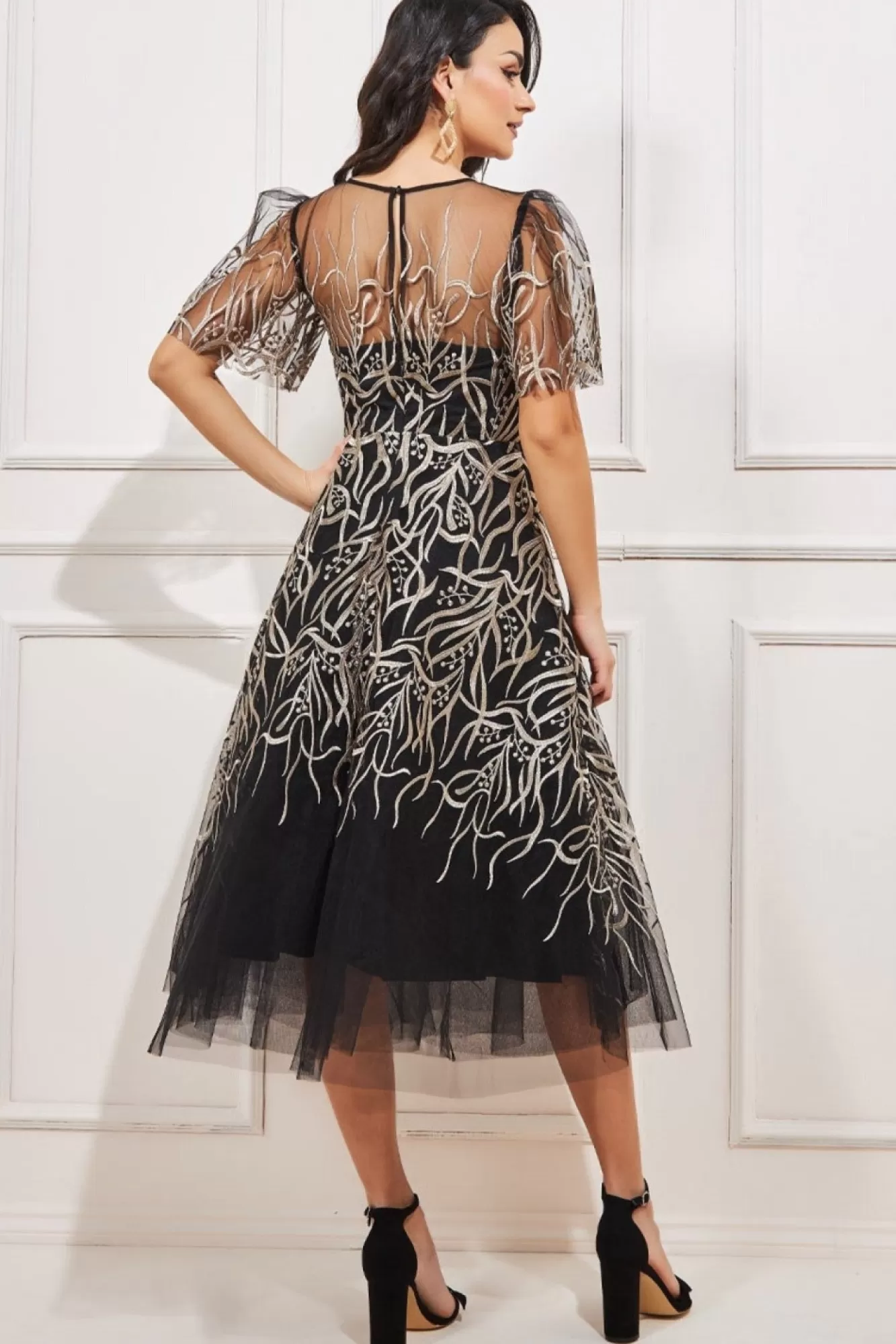 Midi Dresses^* Embroidered Mesh Midi Dress Black