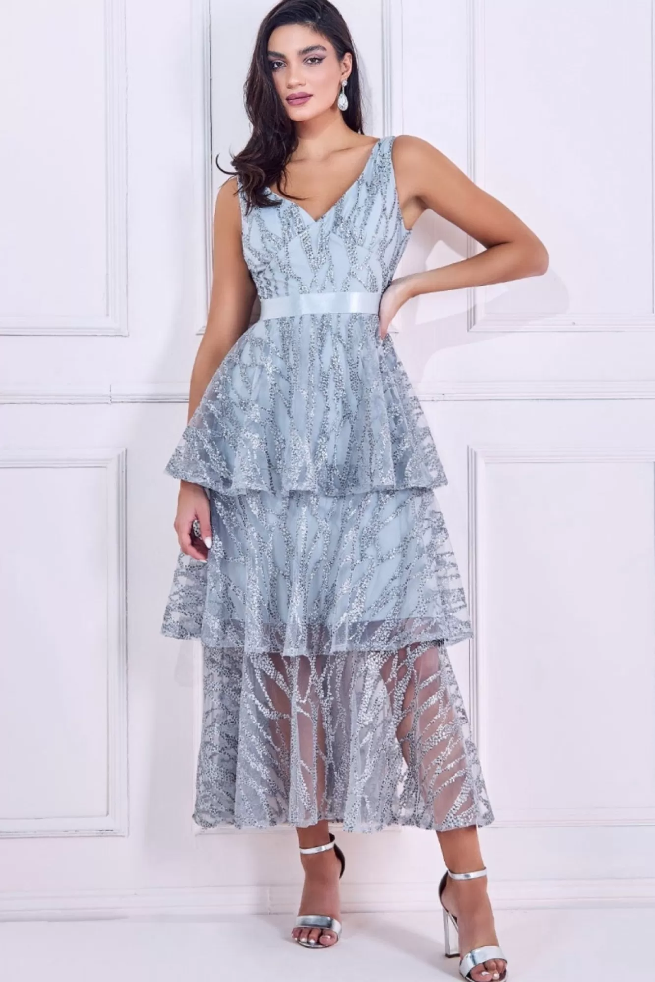 Midi Dresses^* Embroidered Mesh Tiered Midi Dress Grey