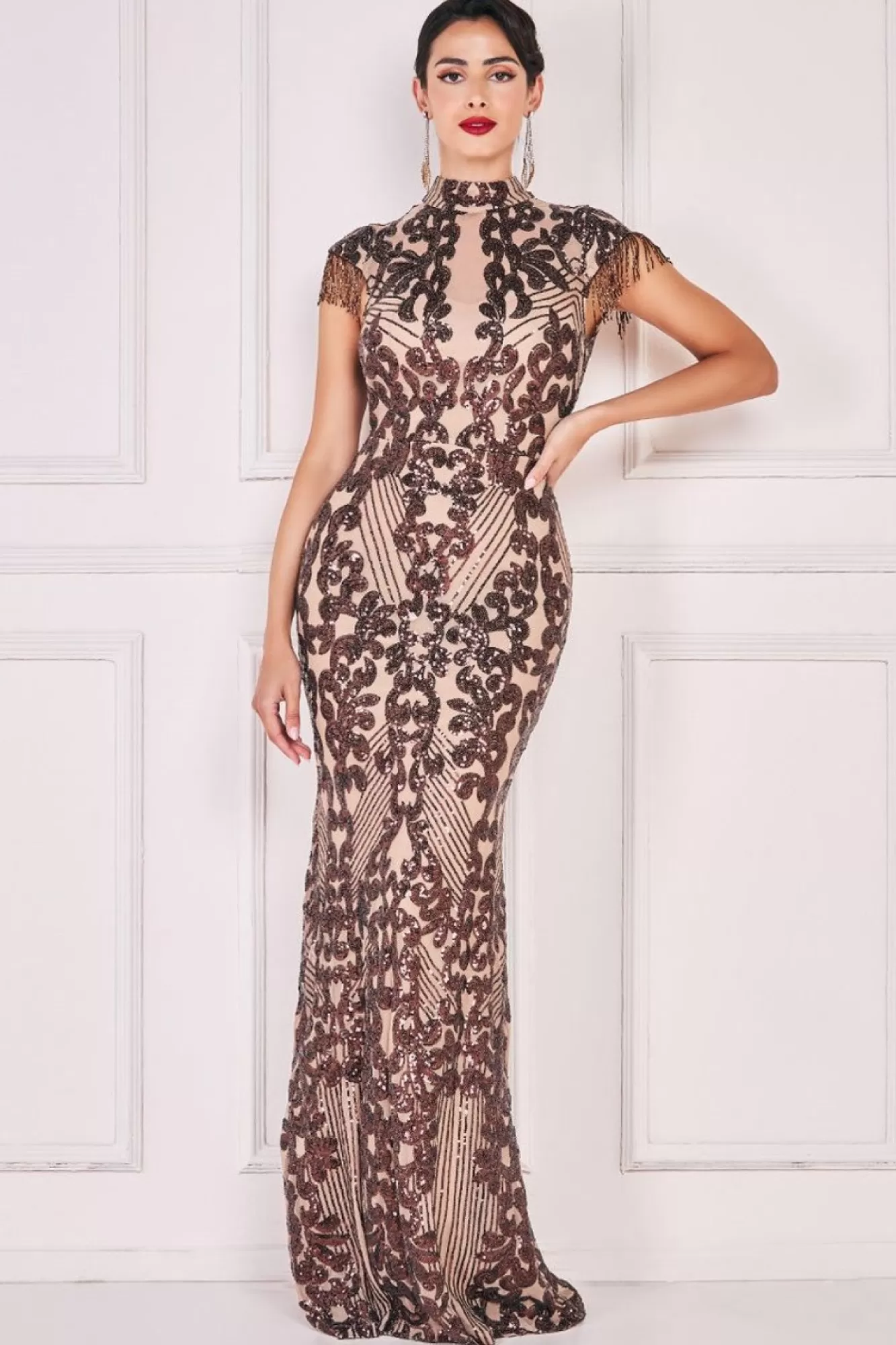 Maxi Dresses^* Embroidered Sequin Beaded Cap Sleeve Maxi Brown