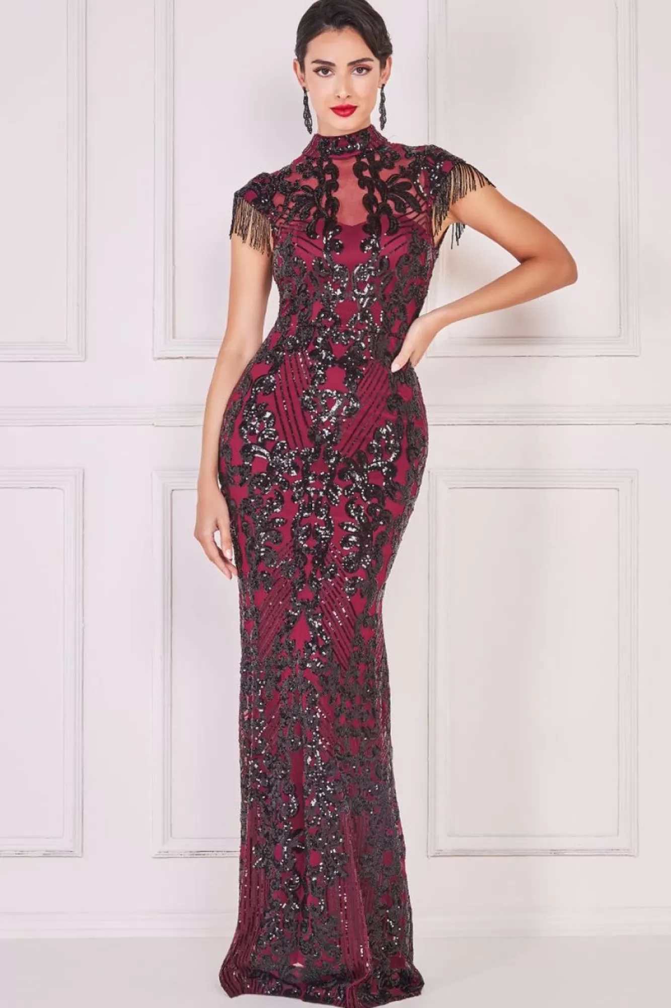 Maxi Dresses^* Embroidered Sequin Beaded Cap Sleeve Maxi Burgundy